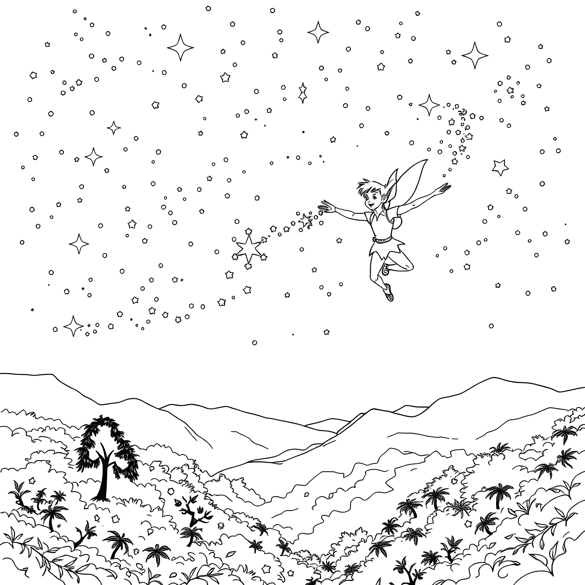 Peter Pan soaring through the starry night sky Coloring Page (free black-and-white line drawing printable PDF for all, from beginners to advanced learners, including children, teens, adults, and seniors)