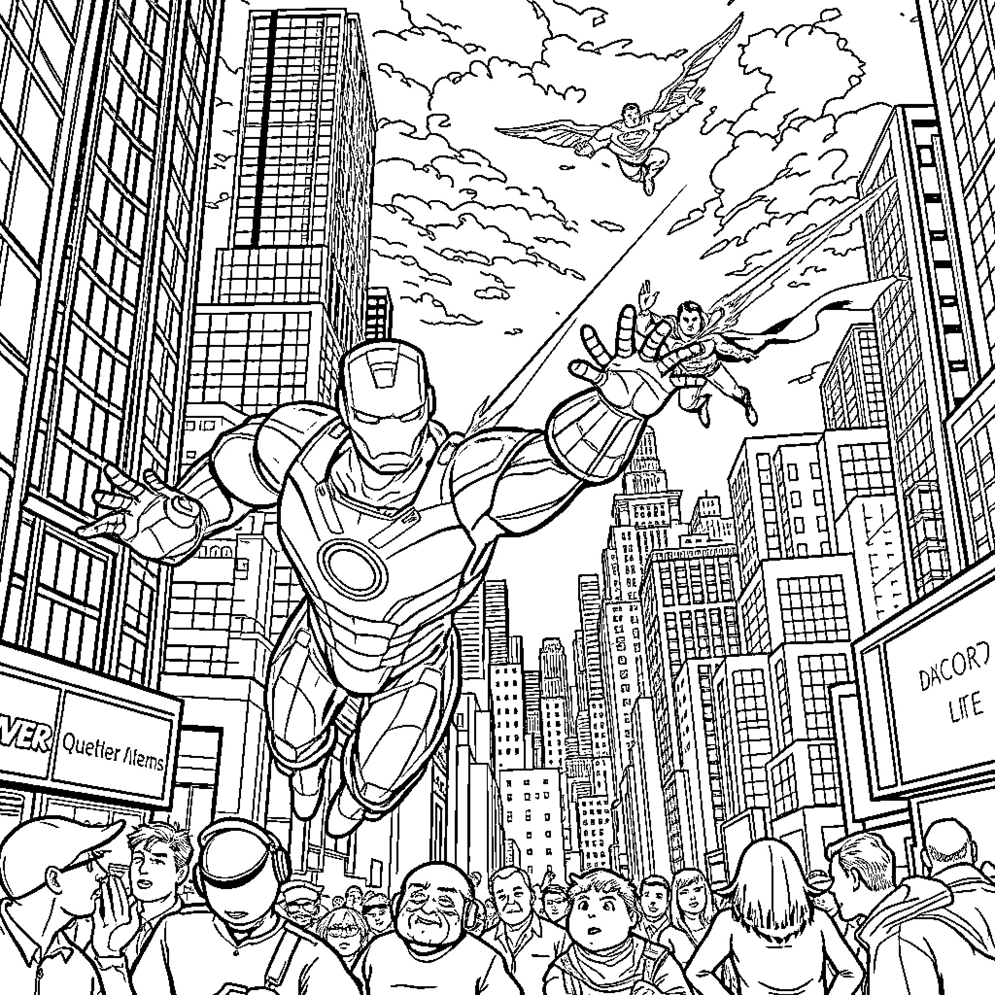 Iron Man Heroes Soar Above the City Skyline Coloring Page (free black-and-white line drawing printable PDF for all, from beginners to advanced learners, including children, teens, adults, and seniors)