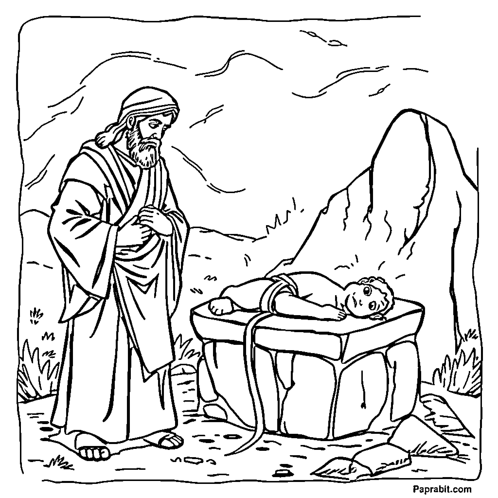 Abraham Tends to the Ailing Child in the Wilderness Coloring Page (free black-and-white line drawing printable PDF for all, from beginners to advanced learners, including children, teens, adults, and seniors)