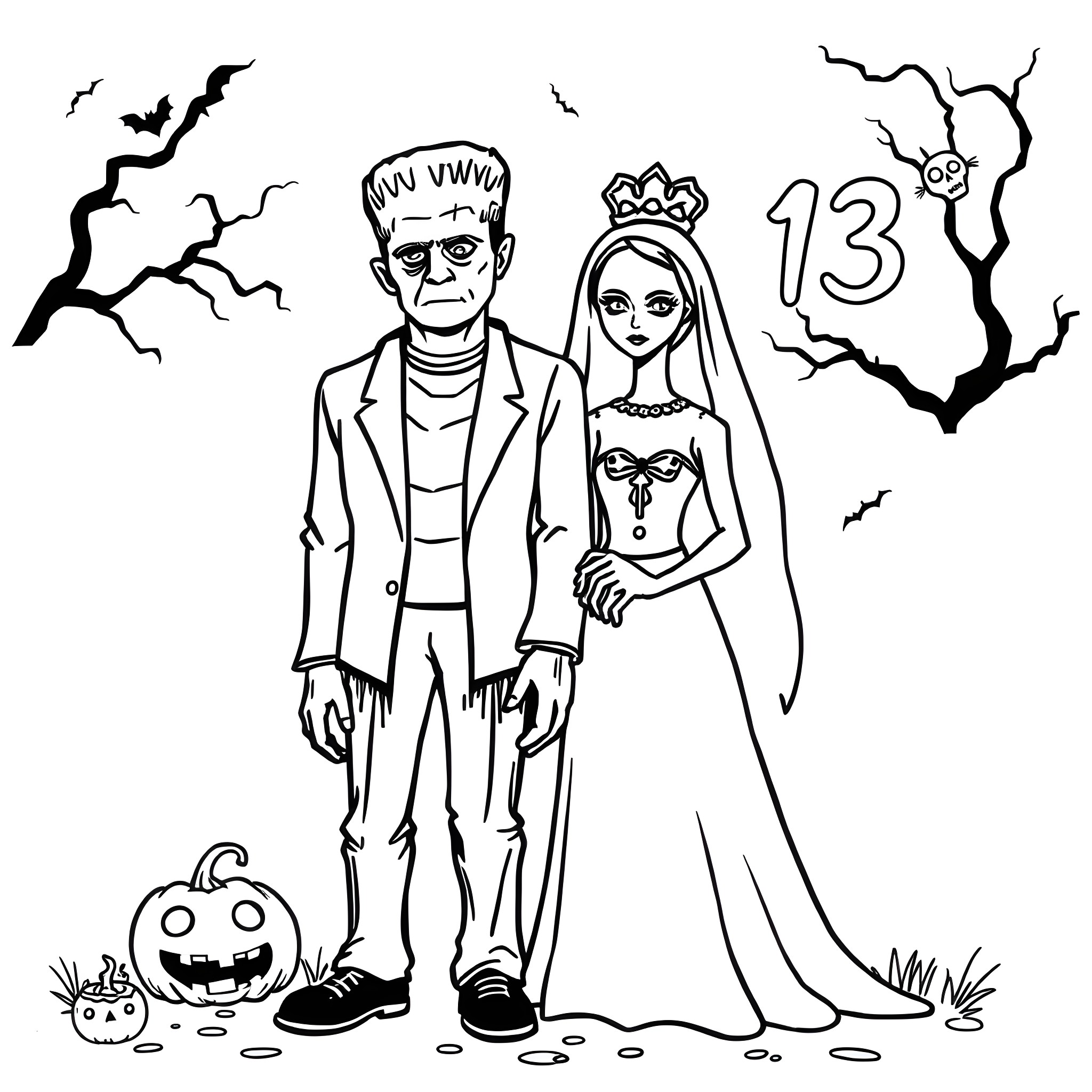 Frankenstein and his Bride in a Spooky Halloween Scene Coloring Page (free black-and-white line drawing printable PDF for all, from beginners to advanced learners, including children, teens, adults, and seniors)