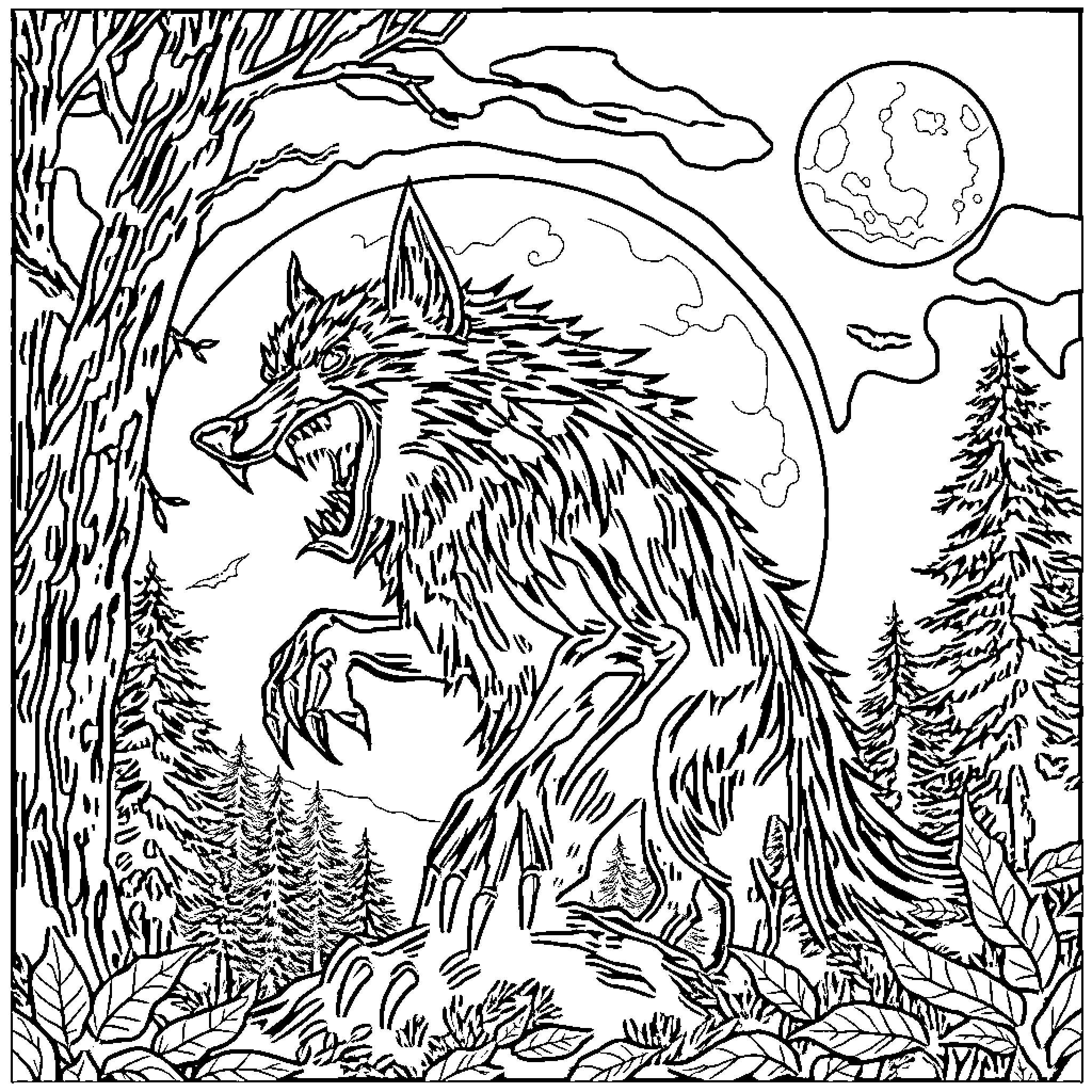 Werewolf howling under the moonlight in the forest Coloring Page (free black-and-white line drawing printable PDF for all, from beginners to advanced learners, including children, teens, adults, and seniors)