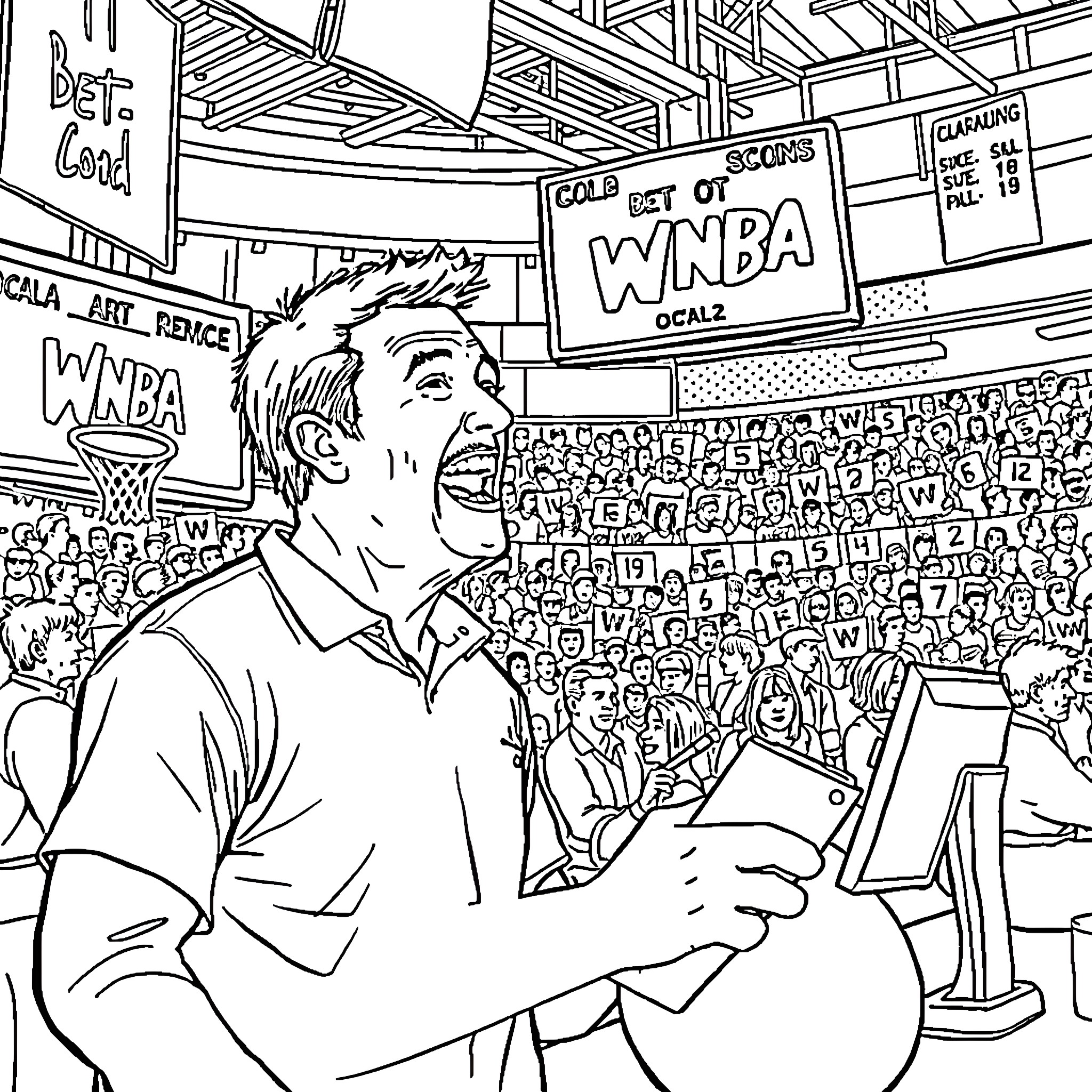 Man cheering at a sports event in a crowded arena Coloring Page (free black-and-white line drawing printable PDF for all, from beginners to advanced learners, including children, teens, adults, and seniors)
