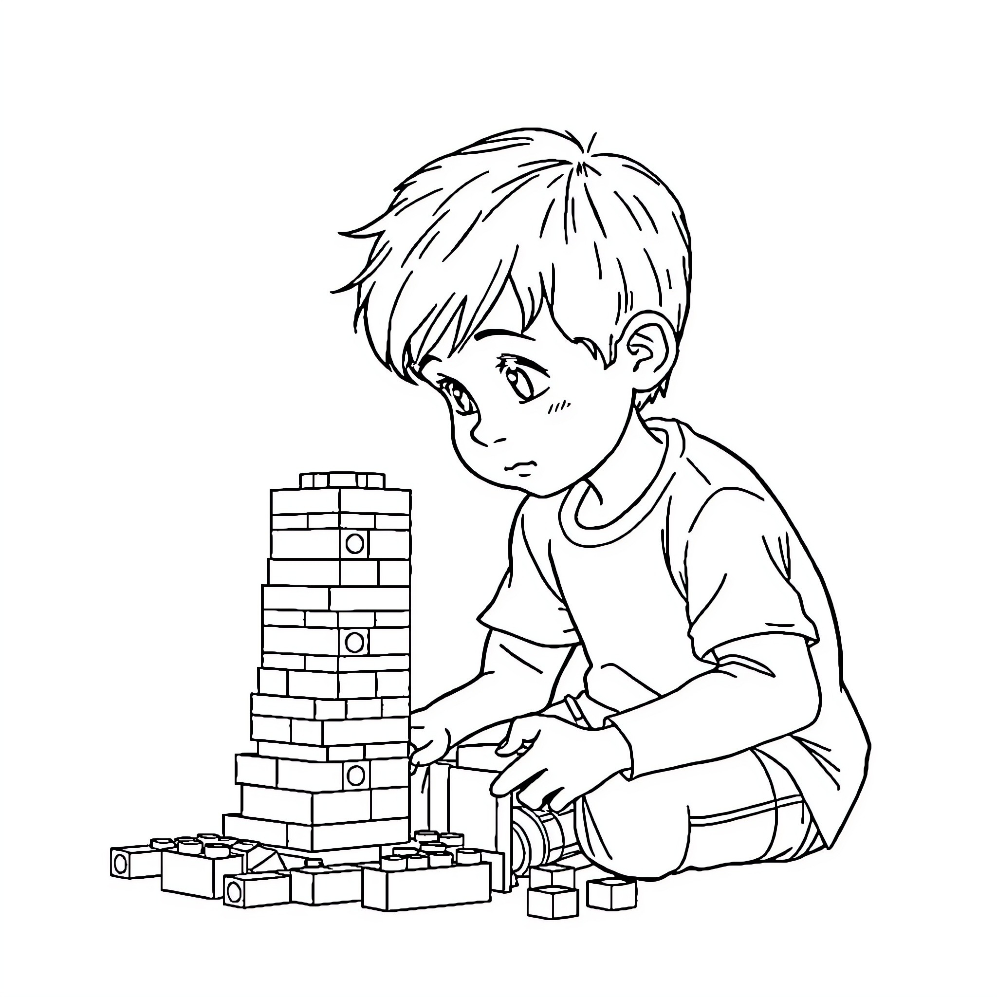 Boy constructing wooden blocks tower with focus Coloring Page (free black-and-white line drawing printable PDF for all, from beginners to advanced learners, including children, teens, adults, and seniors)