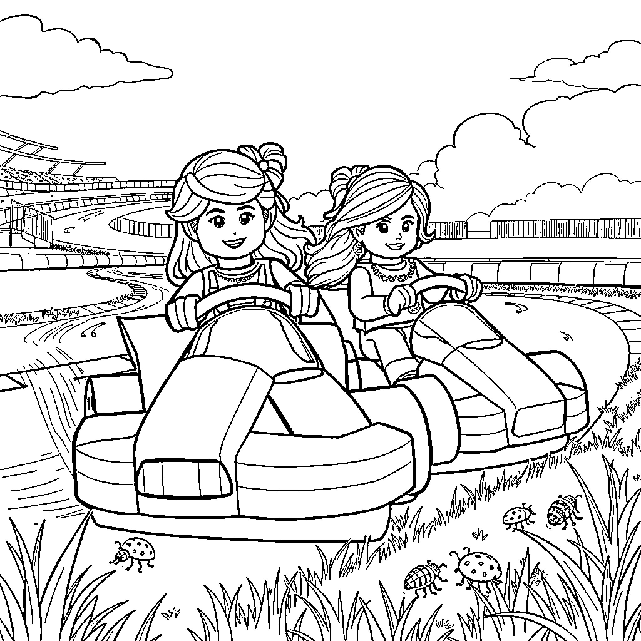 Lego Girl on Bumper Cars at Amusement Park Coloring Page (free black-and-white line drawing printable PDF for all, from beginners to advanced learners, including children, teens, adults, and seniors)