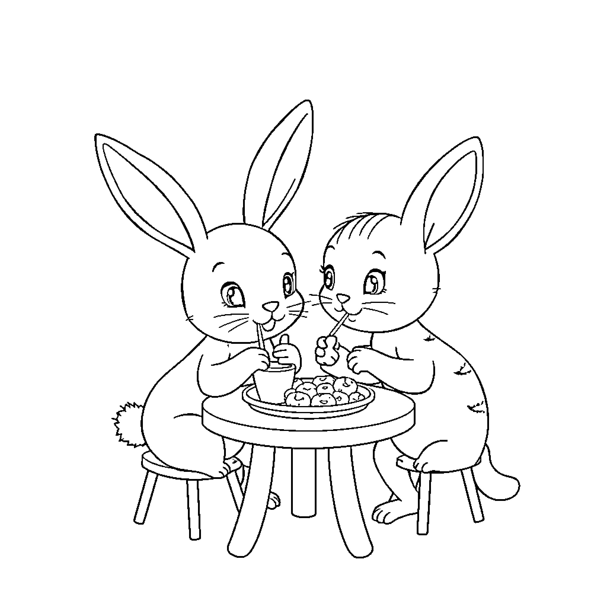 Bunny friends enjoying a snack together Coloring Page (free black-and-white line drawing printable PDF for all, from beginners to advanced learners, including children, teens, adults, and seniors)
