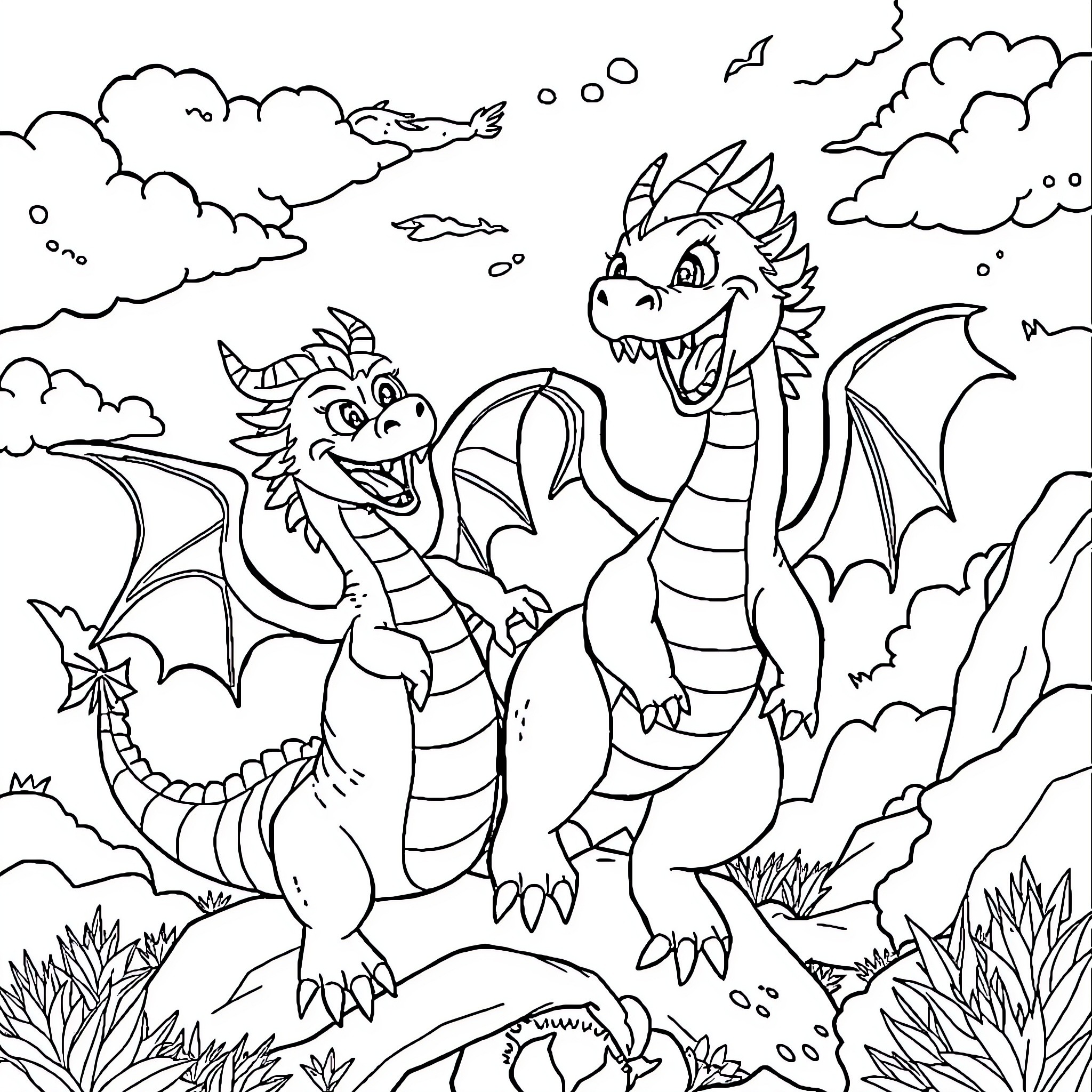 Dragons playing and soaring in the sky Coloring Page (free black-and-white line drawing printable PDF for all, from beginners to advanced learners, including children, teens, adults, and seniors)