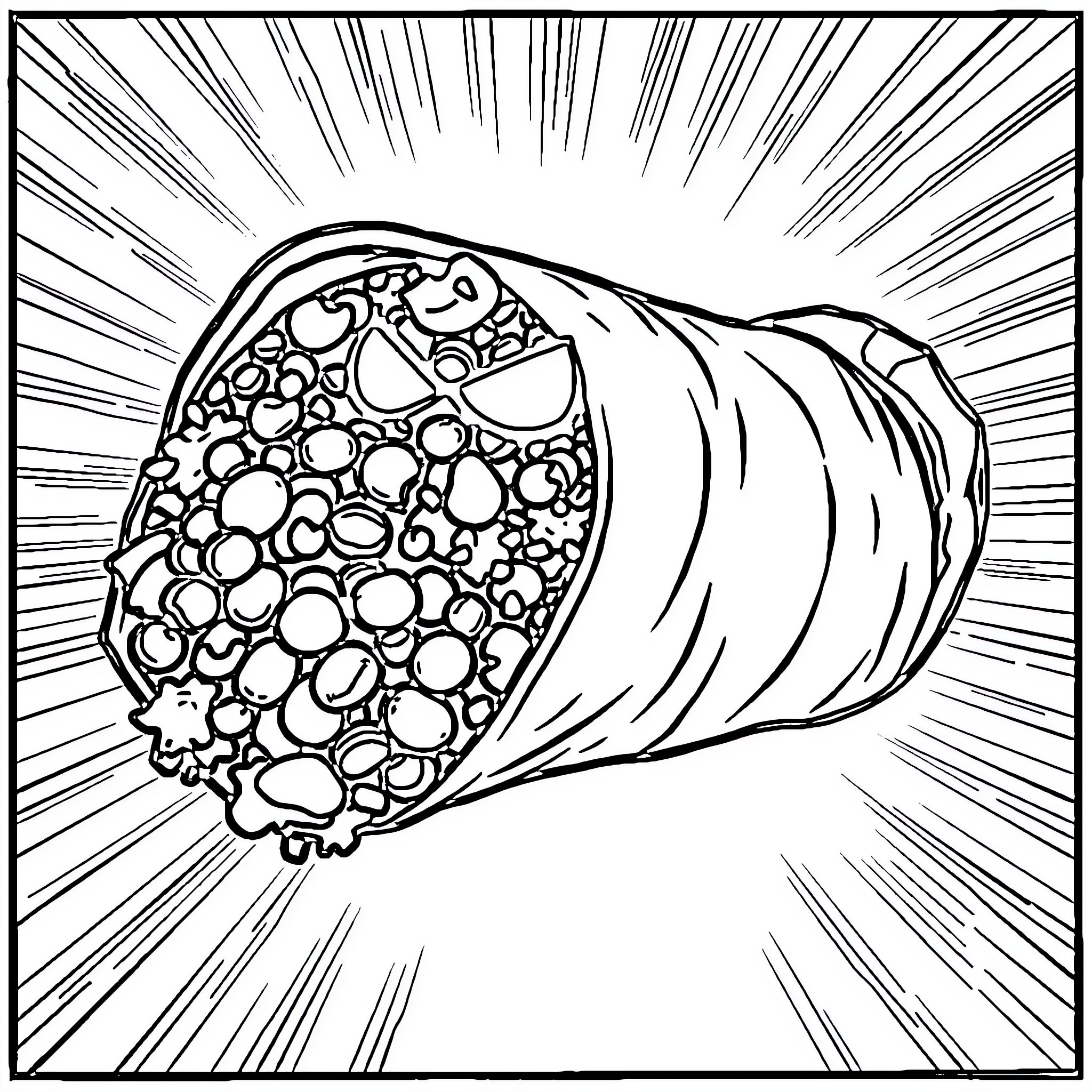 Burrito Bursting with Excitement Coloring Page (free black-and-white line drawing printable PDF for all, from beginners to advanced learners, including children, teens, adults, and seniors)