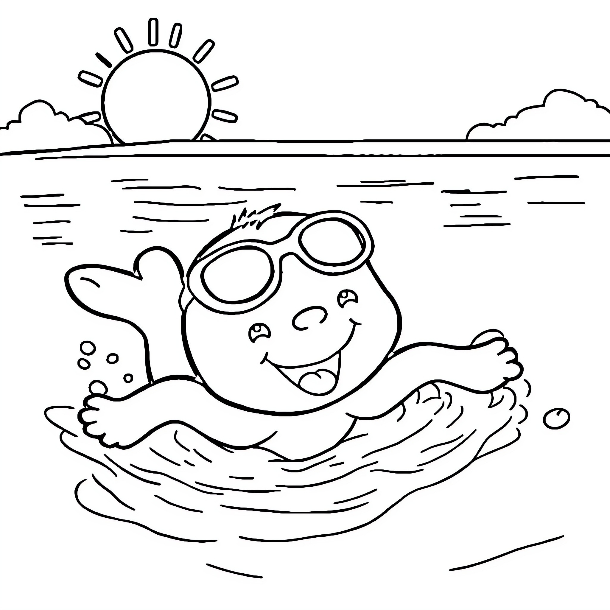 Bluey swimming joyfully in the waves Coloring Page (free black-and-white line drawing printable PDF for all, from beginners to advanced learners, including children, teens, adults, and seniors)