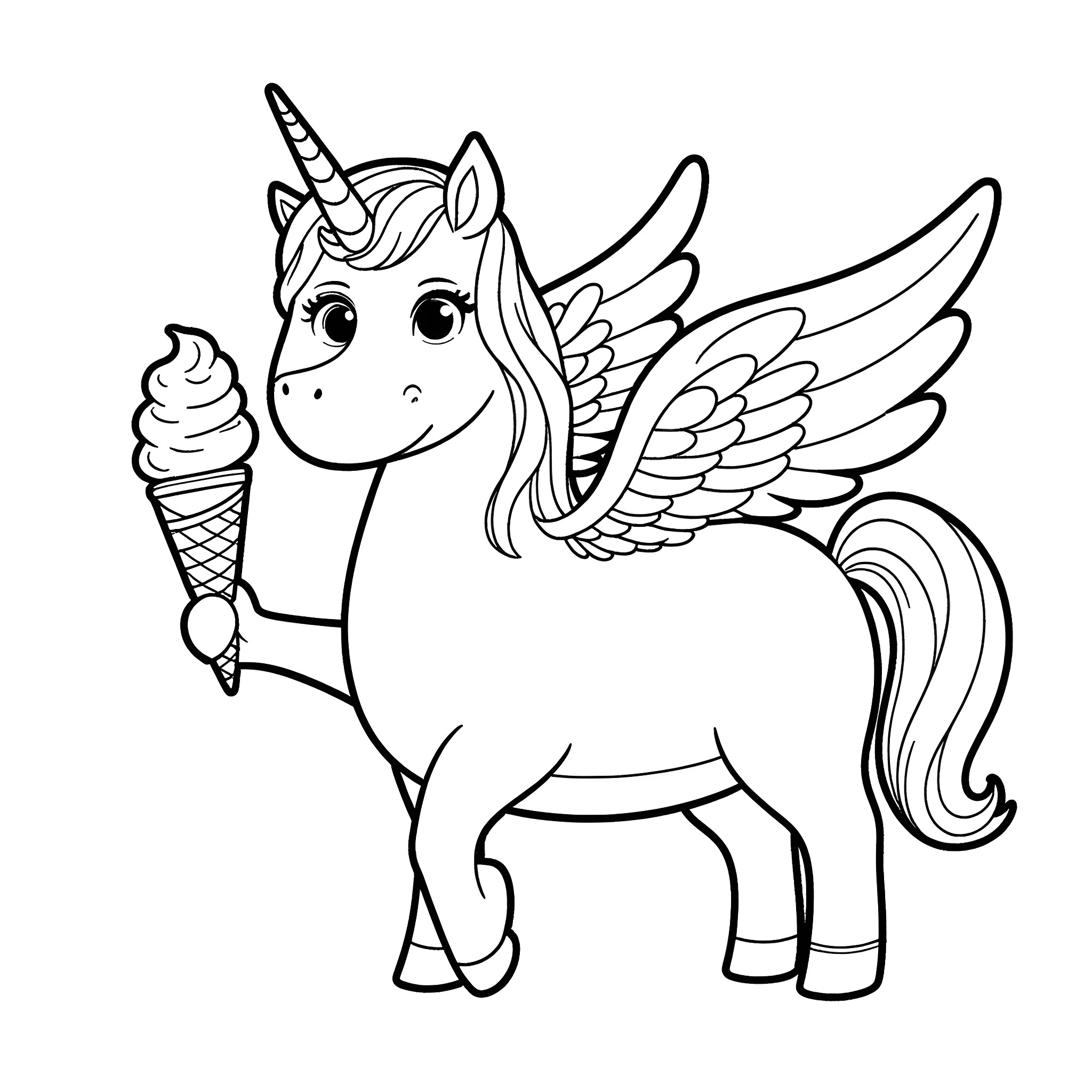 Unicorn with wings and ice cream cone Coloring Page (free black-and-white line drawing printable PDF for all, from beginners to advanced learners, including children, teens, adults, and seniors)
