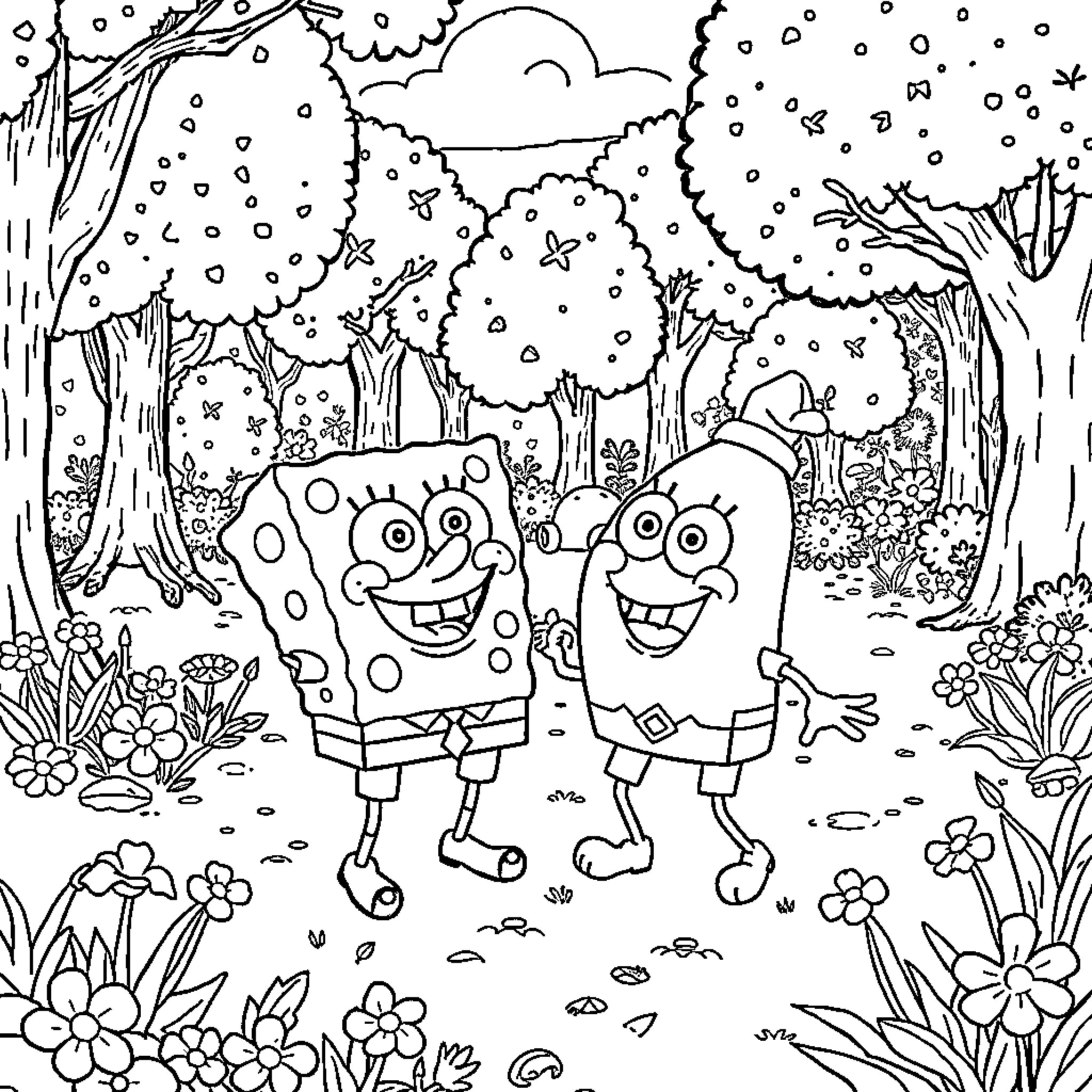 Spongebob characters exploring a whimsical forest scene Coloring Page (free black-and-white line drawing printable PDF for all, from beginners to advanced learners, including children, teens, adults, and seniors)