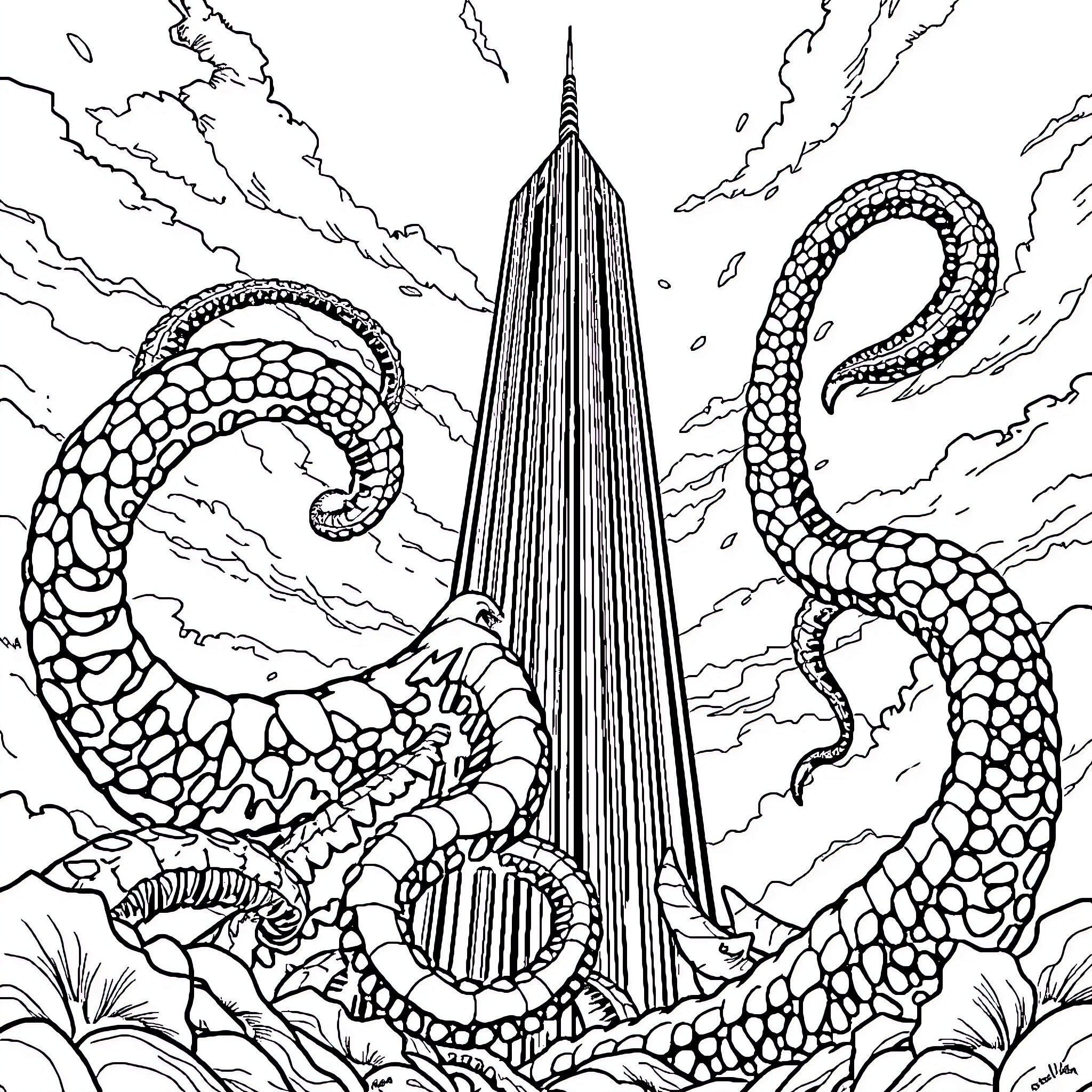 Kraken Attacking the Towering Spire Coloring Page (free black-and-white line drawing printable PDF for all, from beginners to advanced learners, including children, teens, adults, and seniors)