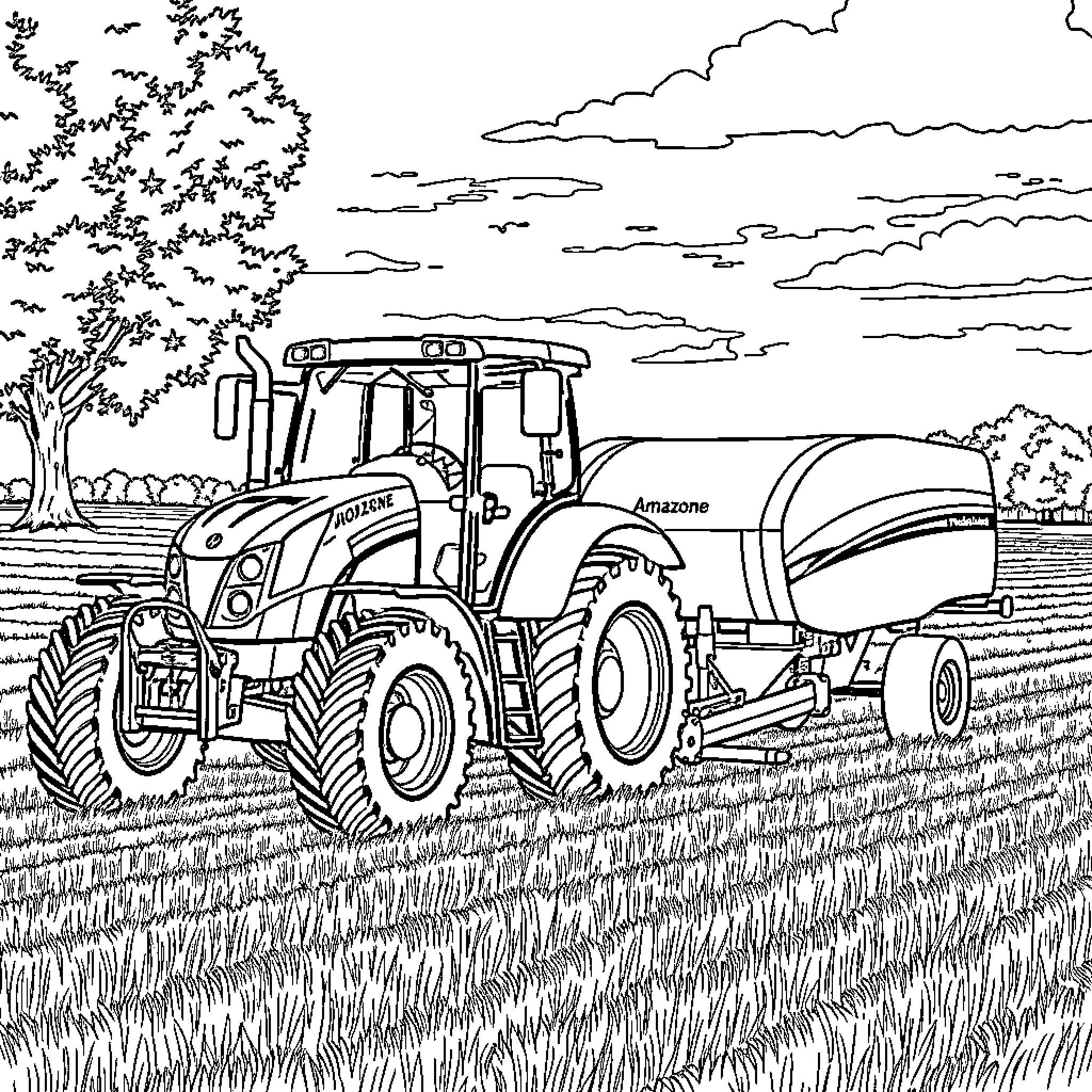 Tractor hauling agricultural equipment in rural landscape Coloring Page (free black-and-white line drawing printable PDF for all, from beginners to advanced learners, including children, teens, adults, and seniors)