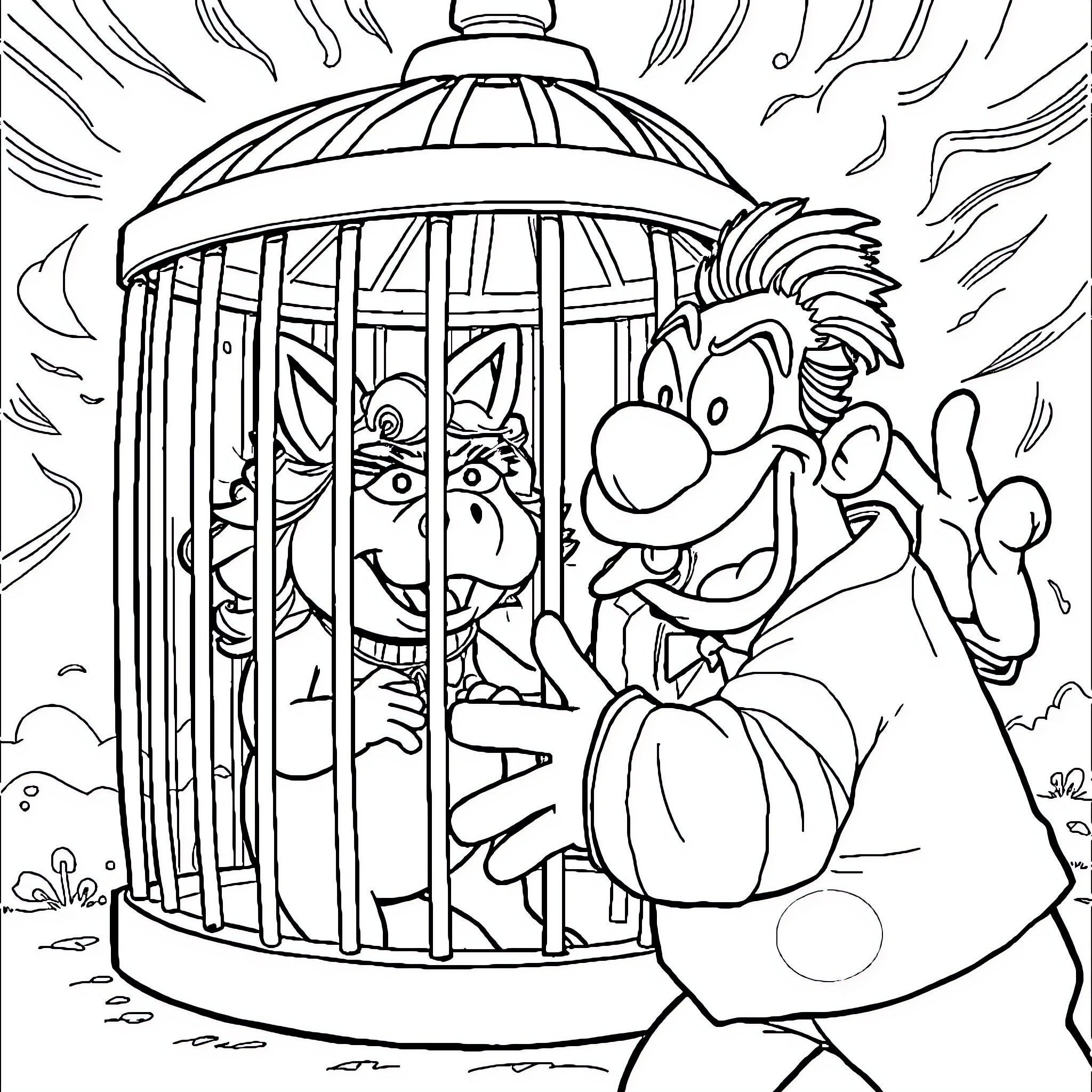 Miss Piggy's Hilarious Escape from the Birdcage Coloring Page (free black-and-white line drawing printable PDF for all, from beginners to advanced learners, including children, teens, adults, and seniors)