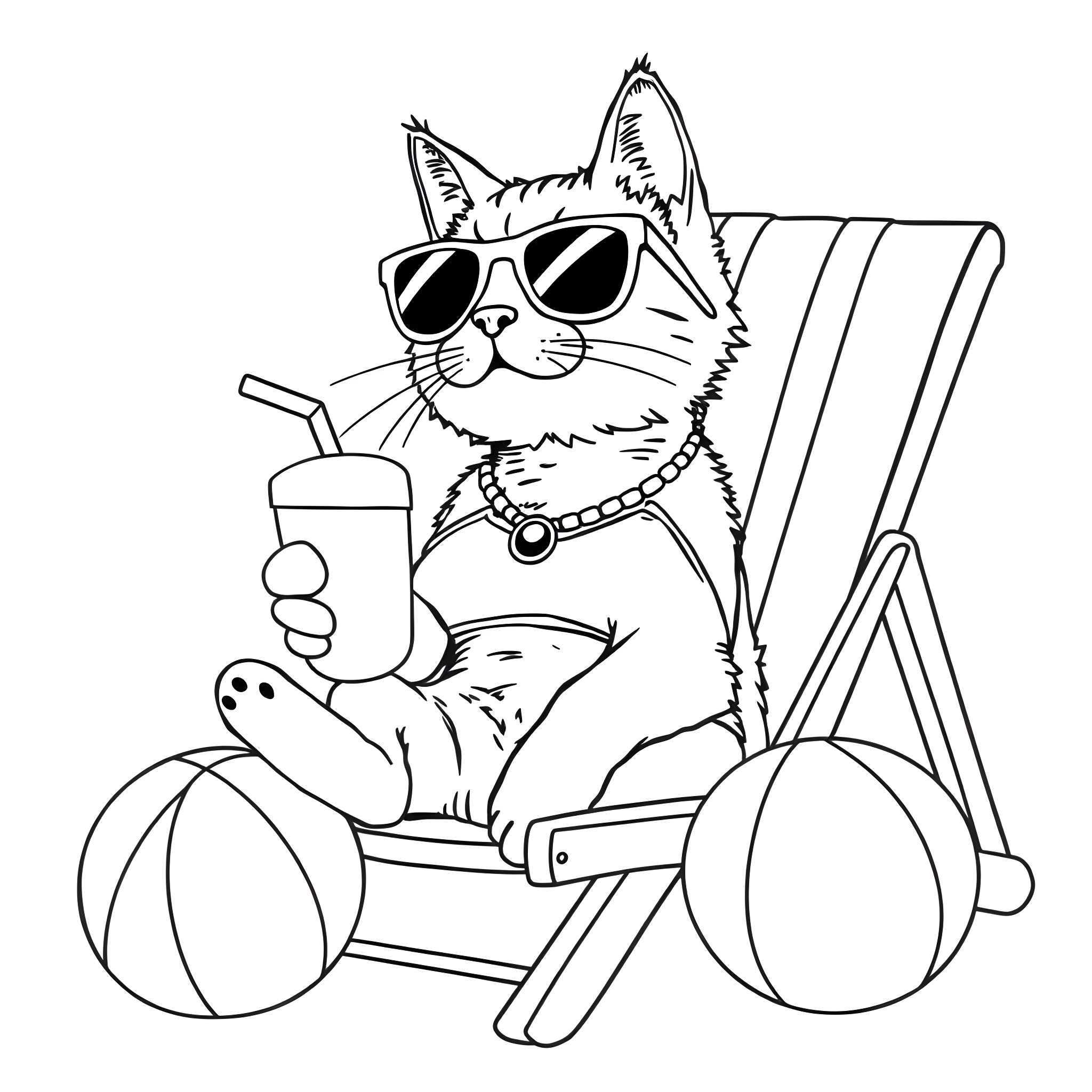Cat enjoying a summer day with beach accessories Coloring Page (free black-and-white line drawing printable PDF for all, from beginners to advanced learners, including children, teens, adults, and seniors)