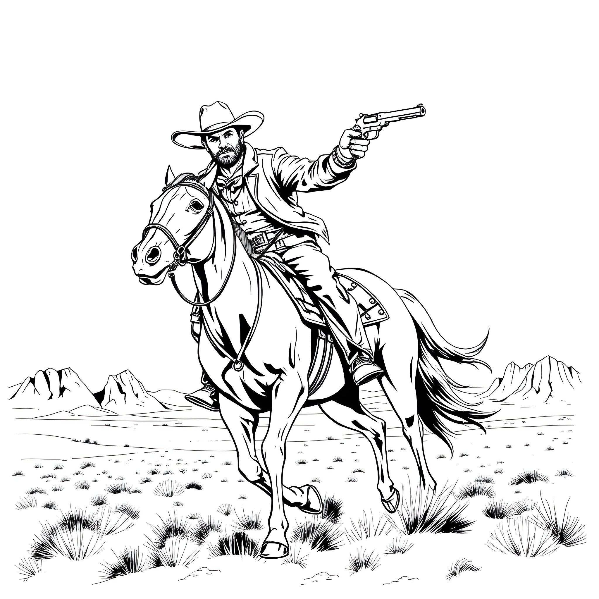 Cowboy riding horse with gun drawn in the desert Coloring Page (free black-and-white line drawing printable PDF for all, from beginners to advanced learners, including children, teens, adults, and seniors)