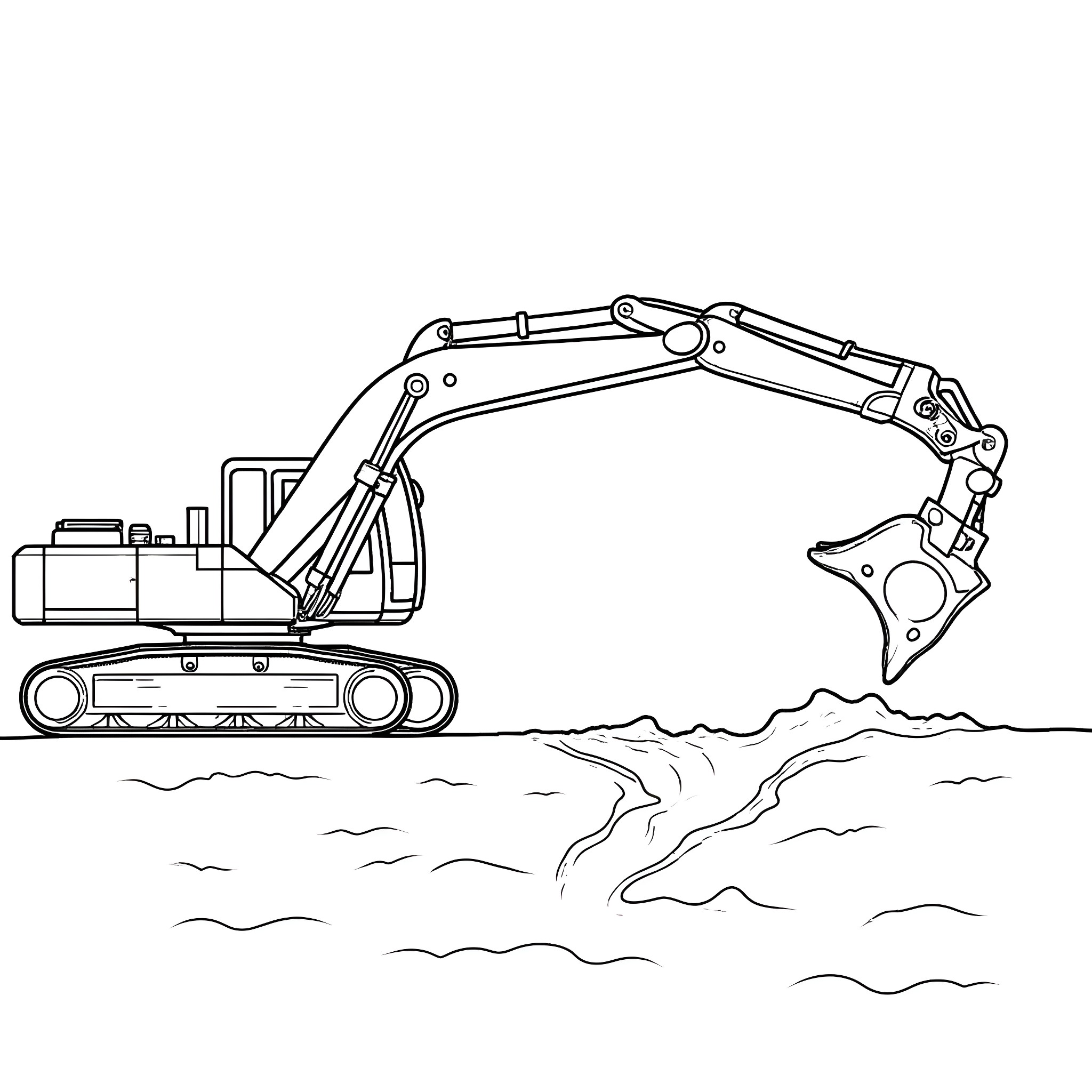 Excavator at work digging in water Coloring Page (free black-and-white line drawing printable PDF for all, from beginners to advanced learners, including children, teens, adults, and seniors)