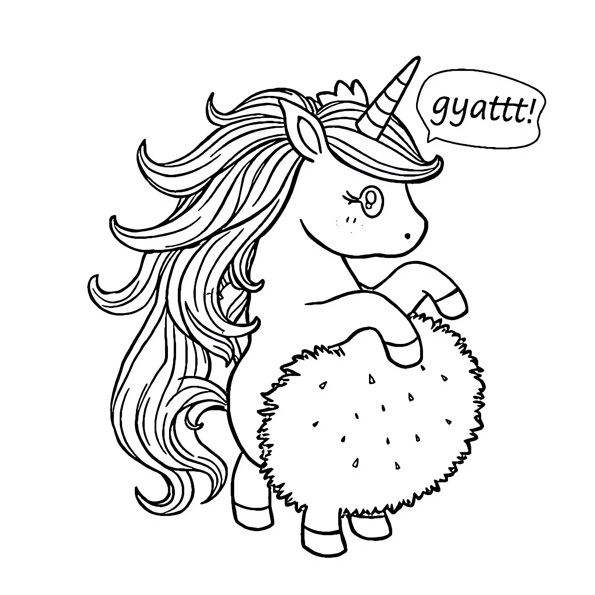 Unicorn speaking with a furry creature Coloring Page (free black-and-white line drawing printable PDF for all, from beginners to advanced learners, including children, teens, adults, and seniors)