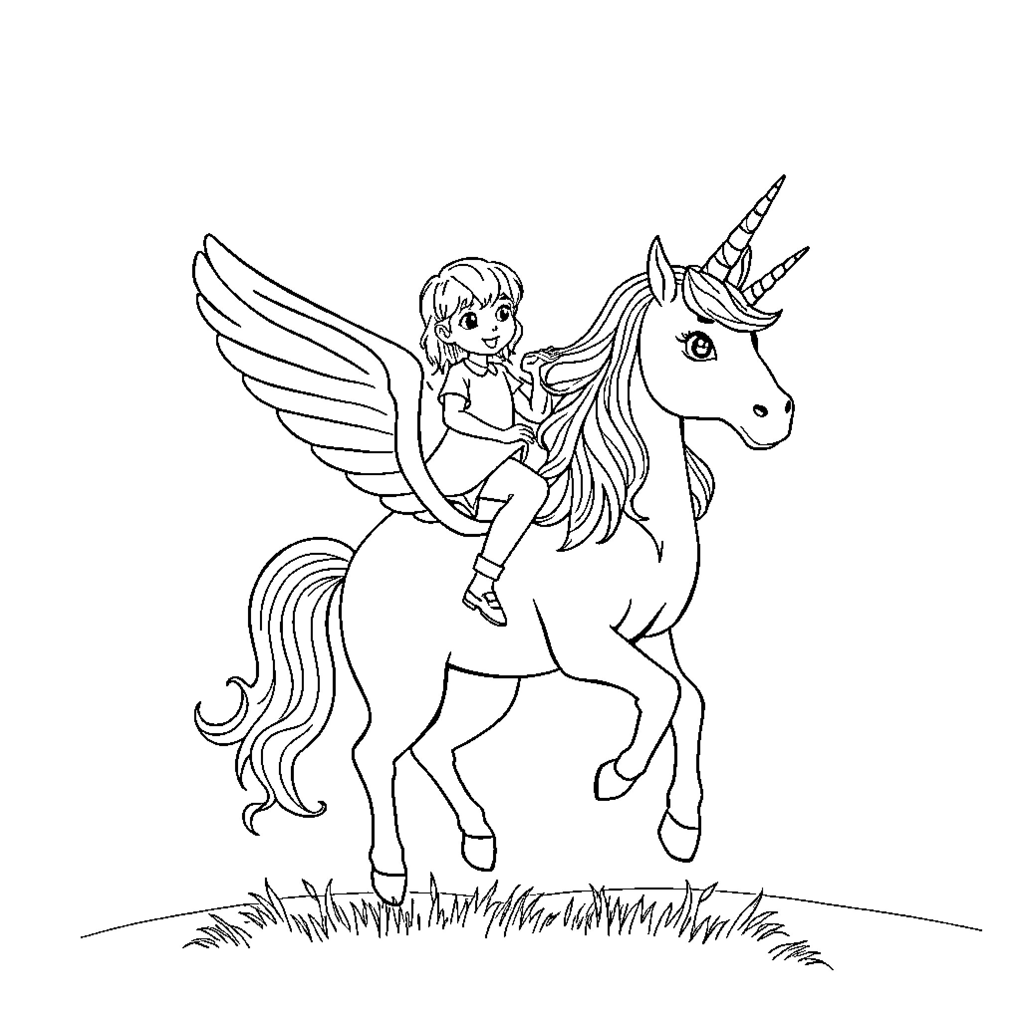 Girl riding a unicorn with wings Coloring Page (free black-and-white line drawing printable PDF for all, from beginners to advanced learners, including children, teens, adults, and seniors)
