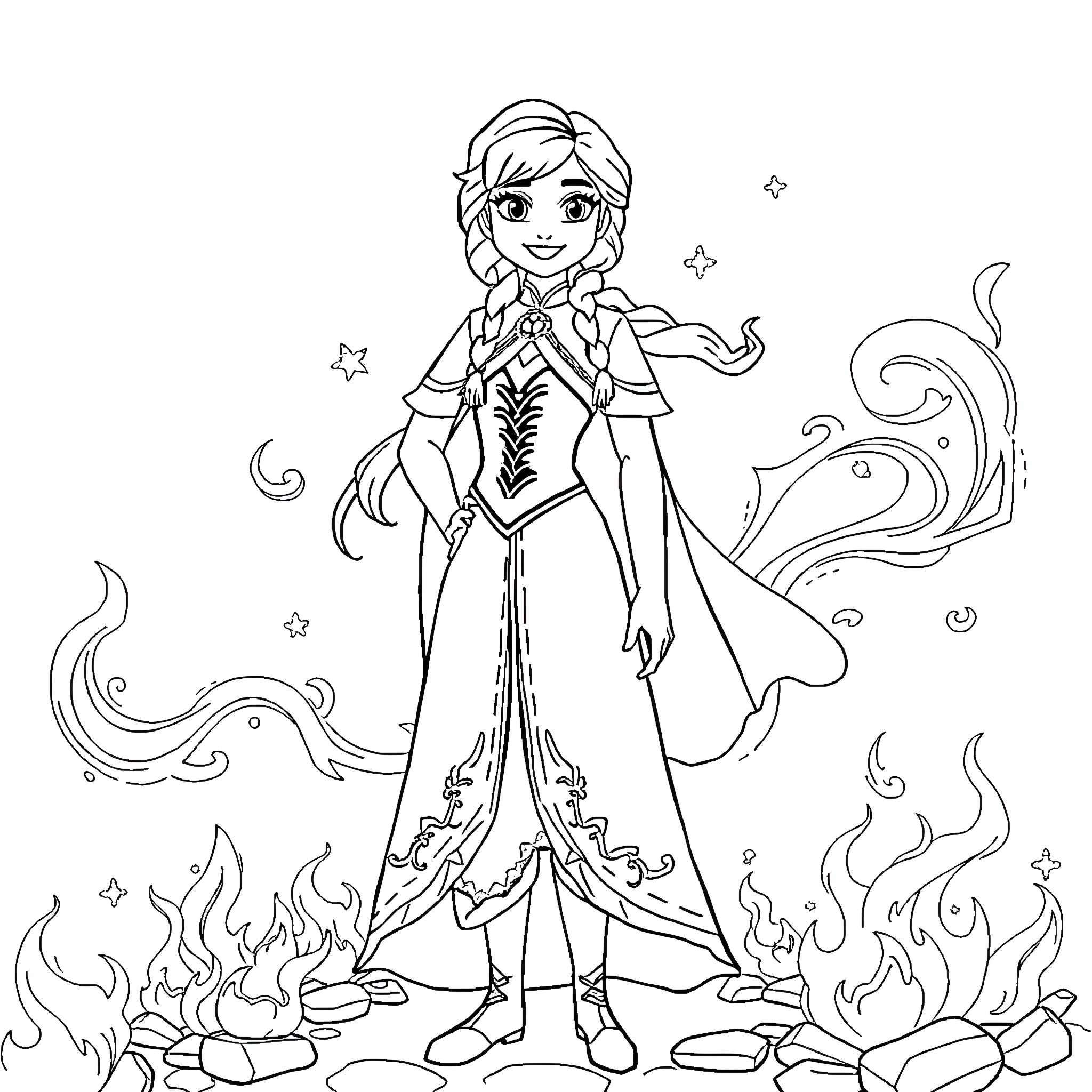 Princess Anna in a Magical Outfit Surrounded by Enchanting Elements Coloring Page (free black-and-white line drawing printable PDF for all, from beginners to advanced learners, including children, teens, adults, and seniors)