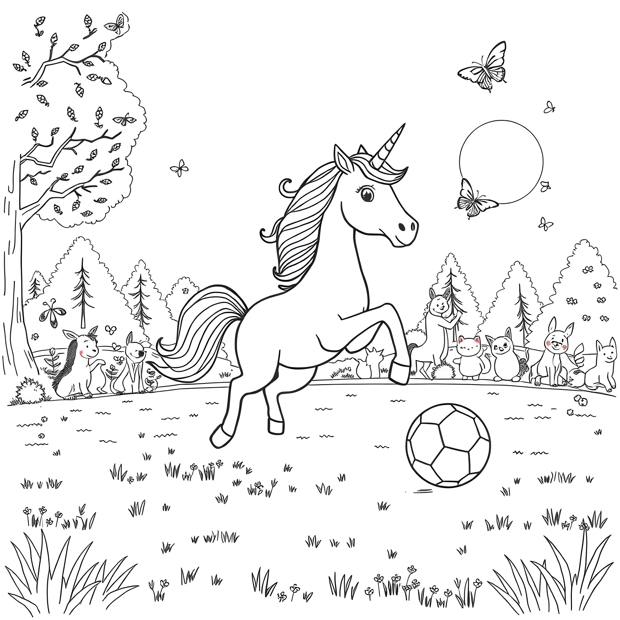 Unicorn playing in the enchanted forest with friends Coloring Page (free black-and-white line drawing printable PDF for all, from beginners to advanced learners, including children, teens, adults, and seniors)