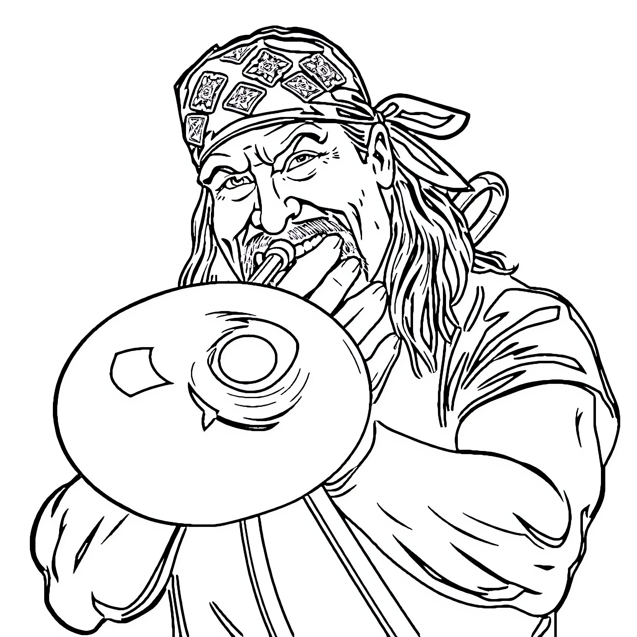 Hulk Hogan performing wrestling move with intense expression Coloring Page (free black-and-white line drawing printable PDF for all, from beginners to advanced learners, including children, teens, adults, and seniors)