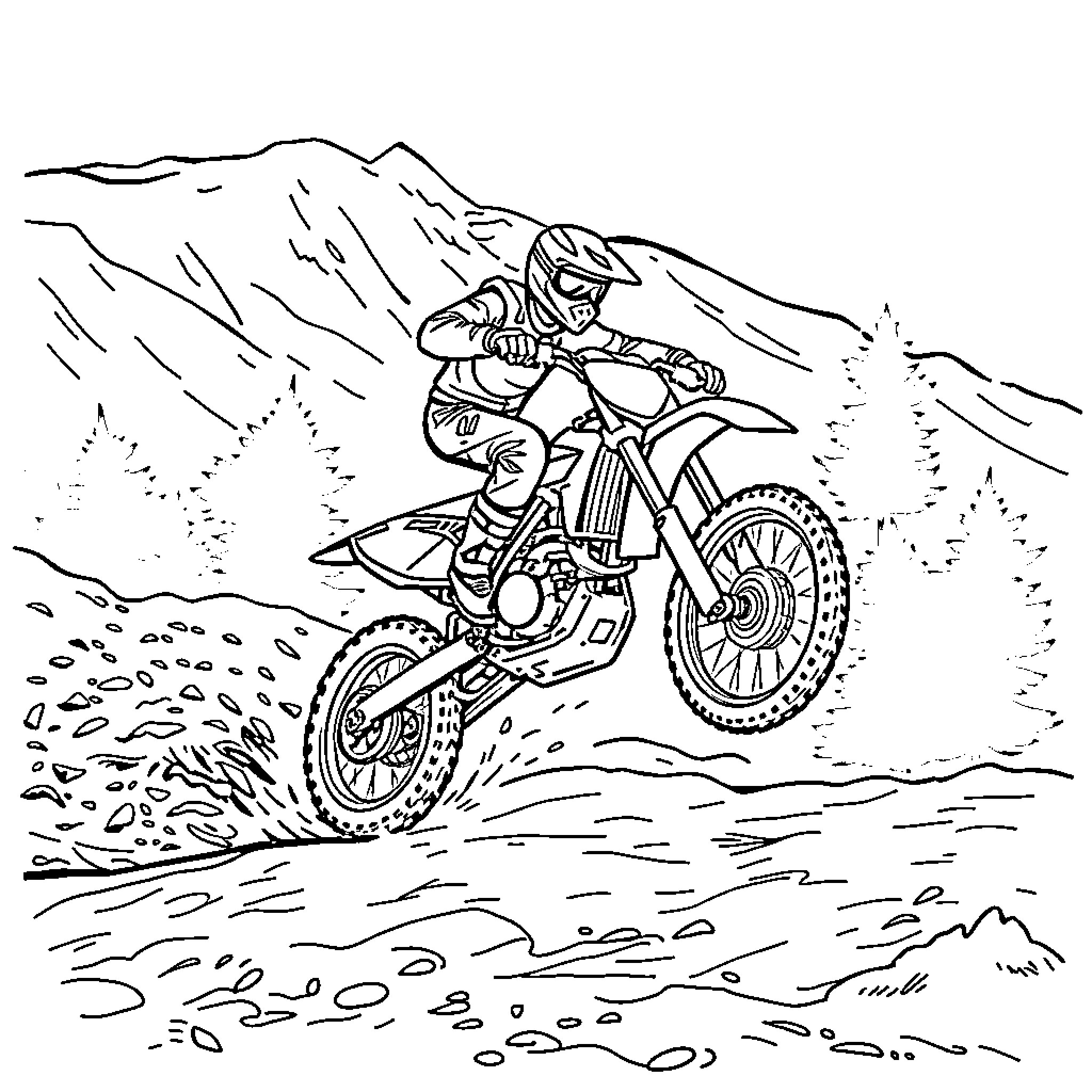 Dirt Bike Rider Navigating Rugged Terrain Coloring Page (free black-and-white line drawing printable PDF for all, from beginners to advanced learners, including children, teens, adults, and seniors)