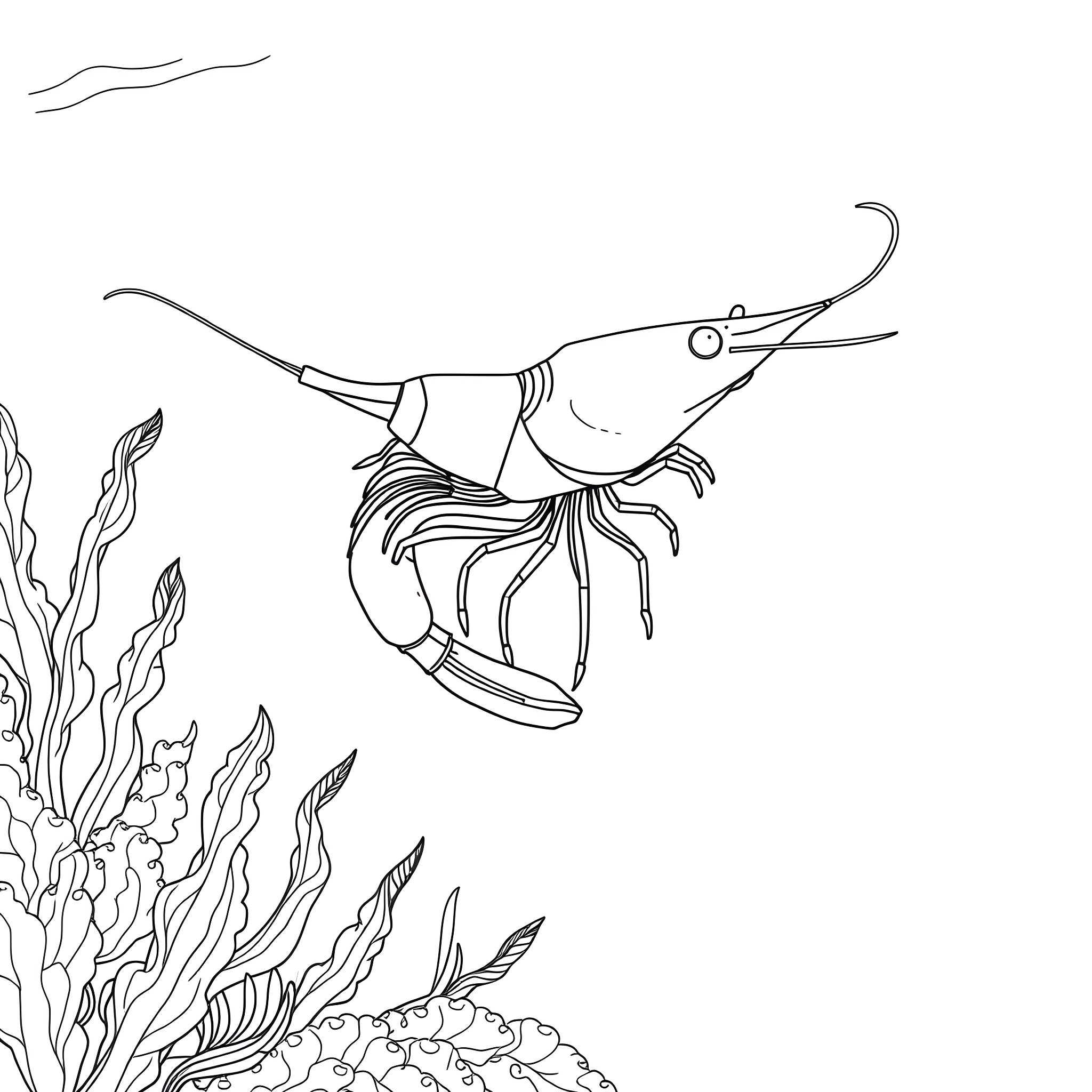 Shrimp swimming gracefully in the ocean Coloring Page (free black-and-white line drawing printable PDF for all, from beginners to advanced learners, including children, teens, adults, and seniors)