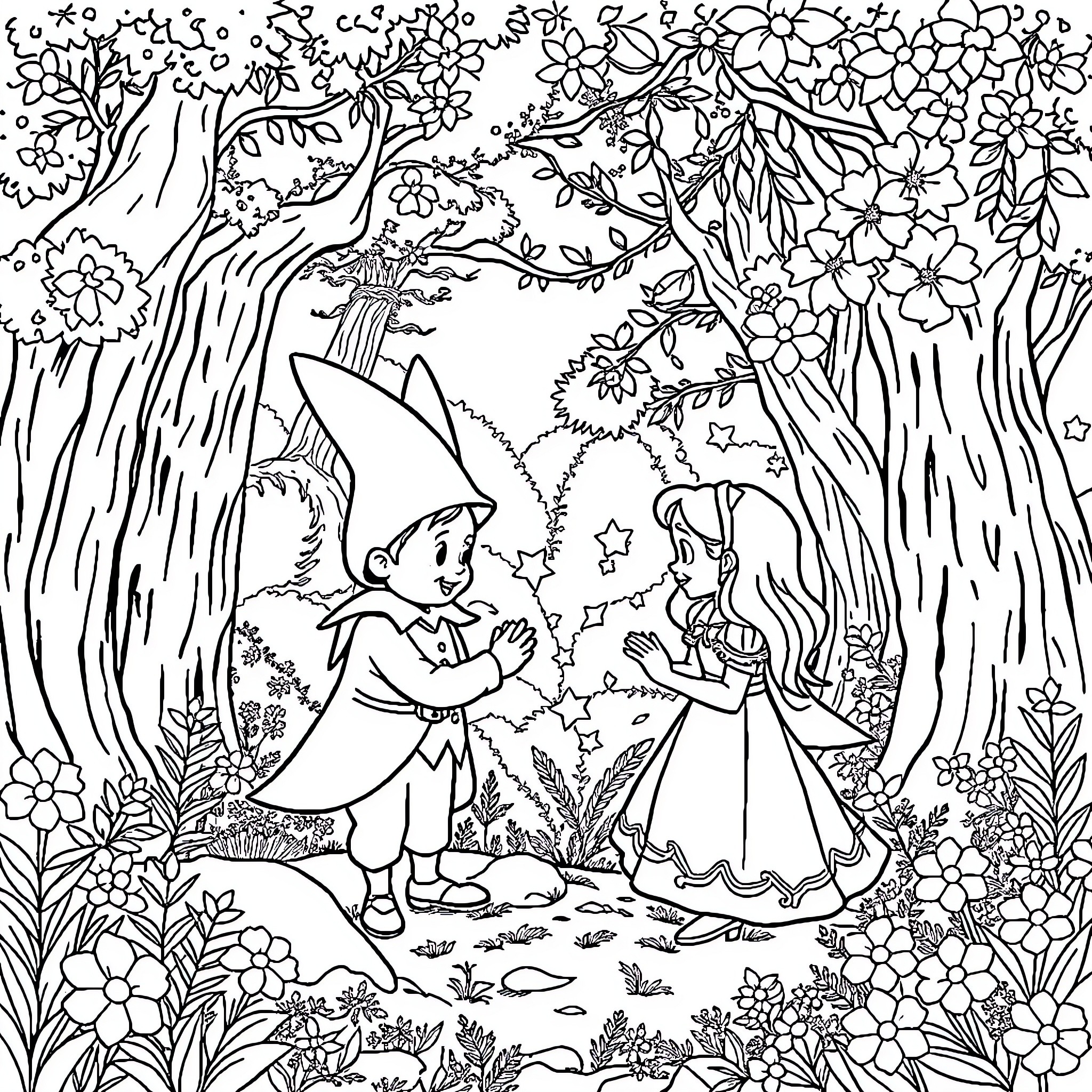 Cinderella's magical encounter in the enchanted forest Coloring Page (free black-and-white line drawing printable PDF for all, from beginners to advanced learners, including children, teens, adults, and seniors)