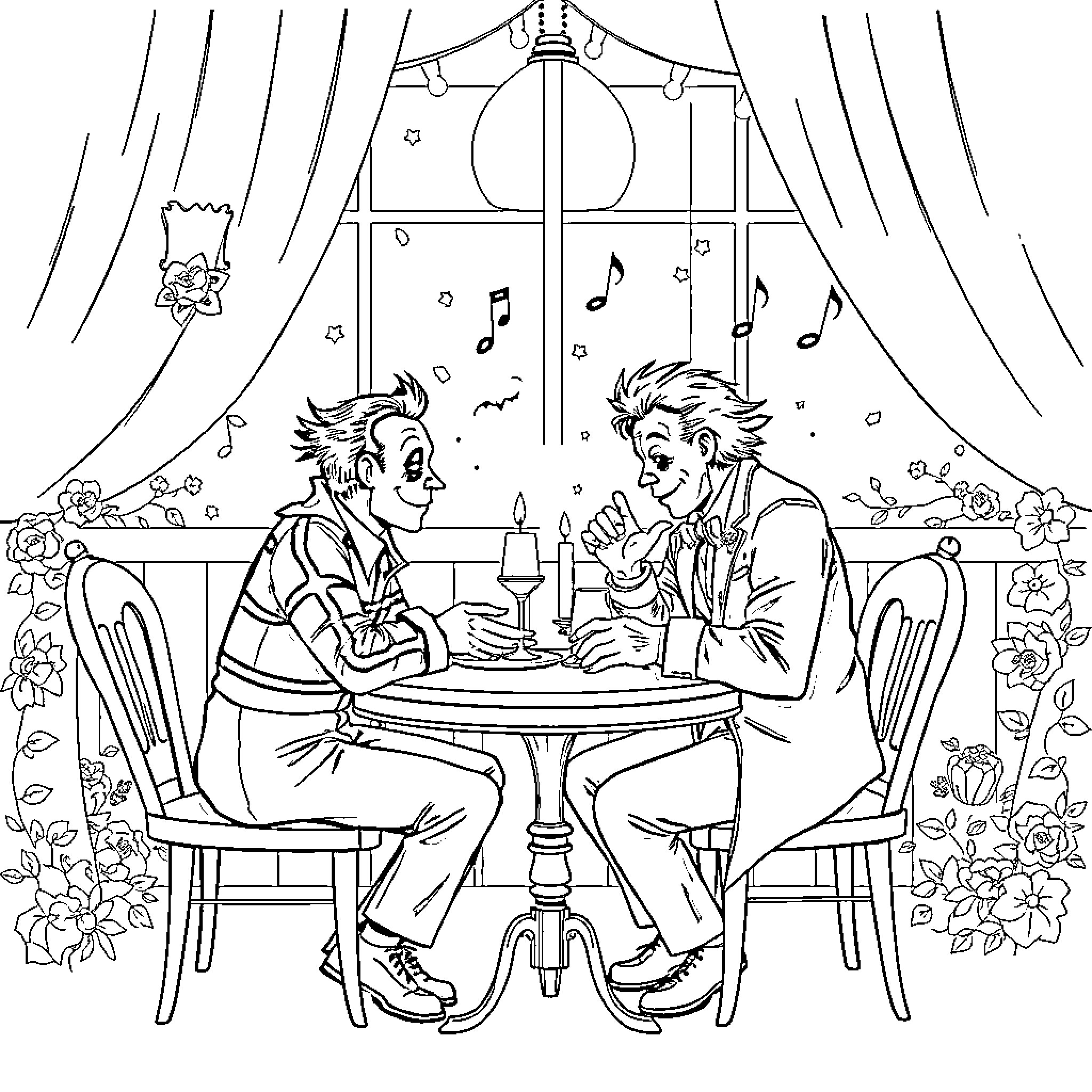 Freddie and his friend enjoy music and conversation Coloring Page (free black-and-white line drawing printable PDF for all, from beginners to advanced learners, including children, teens, adults, and seniors)