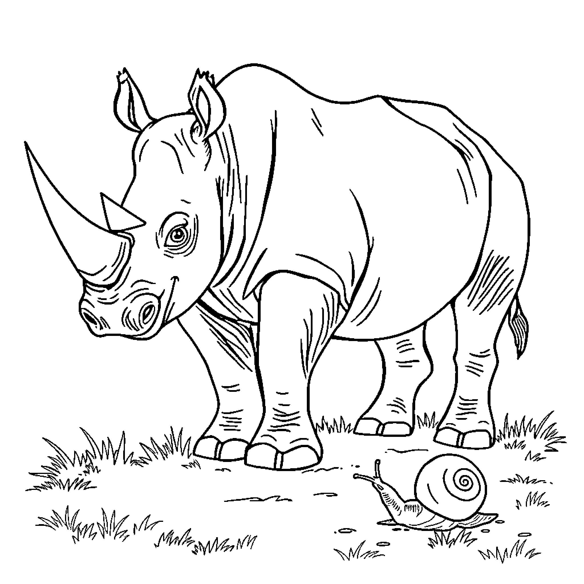 Rhino roaming the grasslands with a curious snail Coloring Page (free black-and-white line drawing printable PDF for all, from beginners to advanced learners, including children, teens, adults, and seniors)