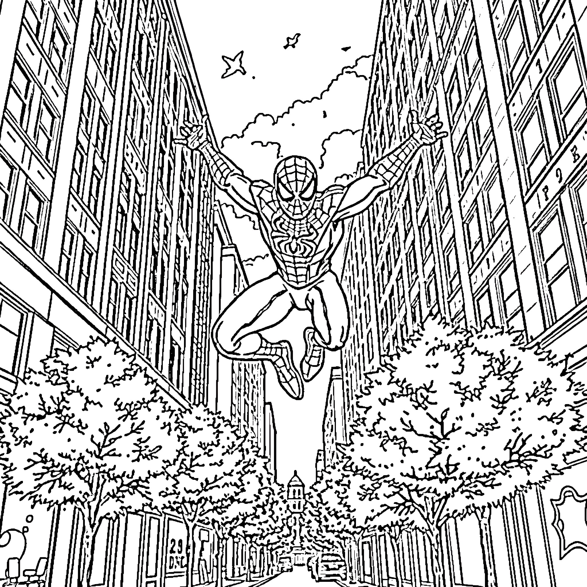 Spiderman swinging through the city skyline Coloring Page (free black-and-white line drawing printable PDF for all, from beginners to advanced learners, including children, teens, adults, and seniors)