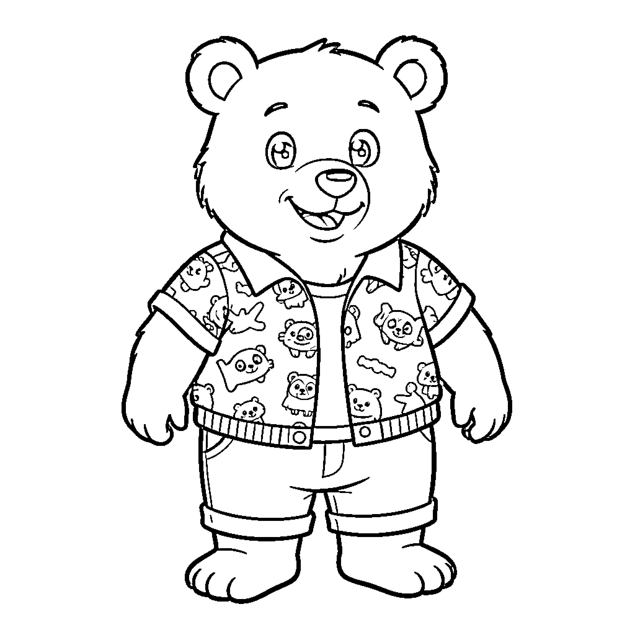 Bear wearing a patterned shirt and smiling Coloring Page (free black-and-white line drawing printable PDF for all, from beginners to advanced learners, including children, teens, adults, and seniors)