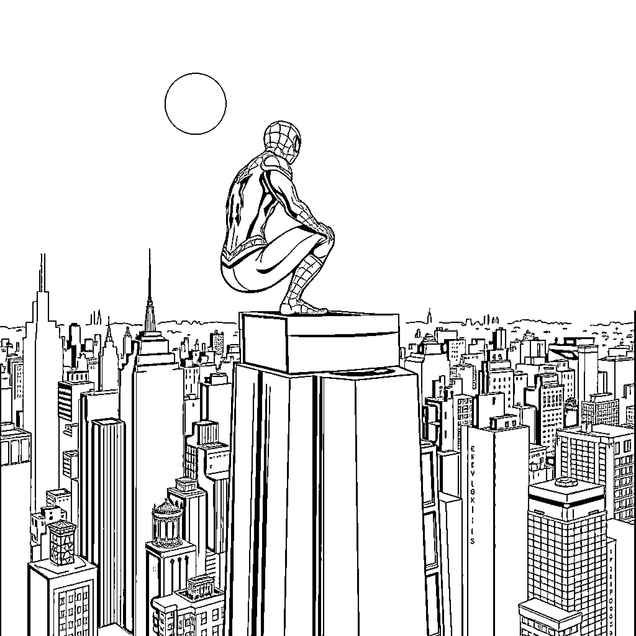 Spiderman soaring over the cityscape Coloring Page (free black-and-white line drawing printable PDF for all, from beginners to advanced learners, including children, teens, adults, and seniors)