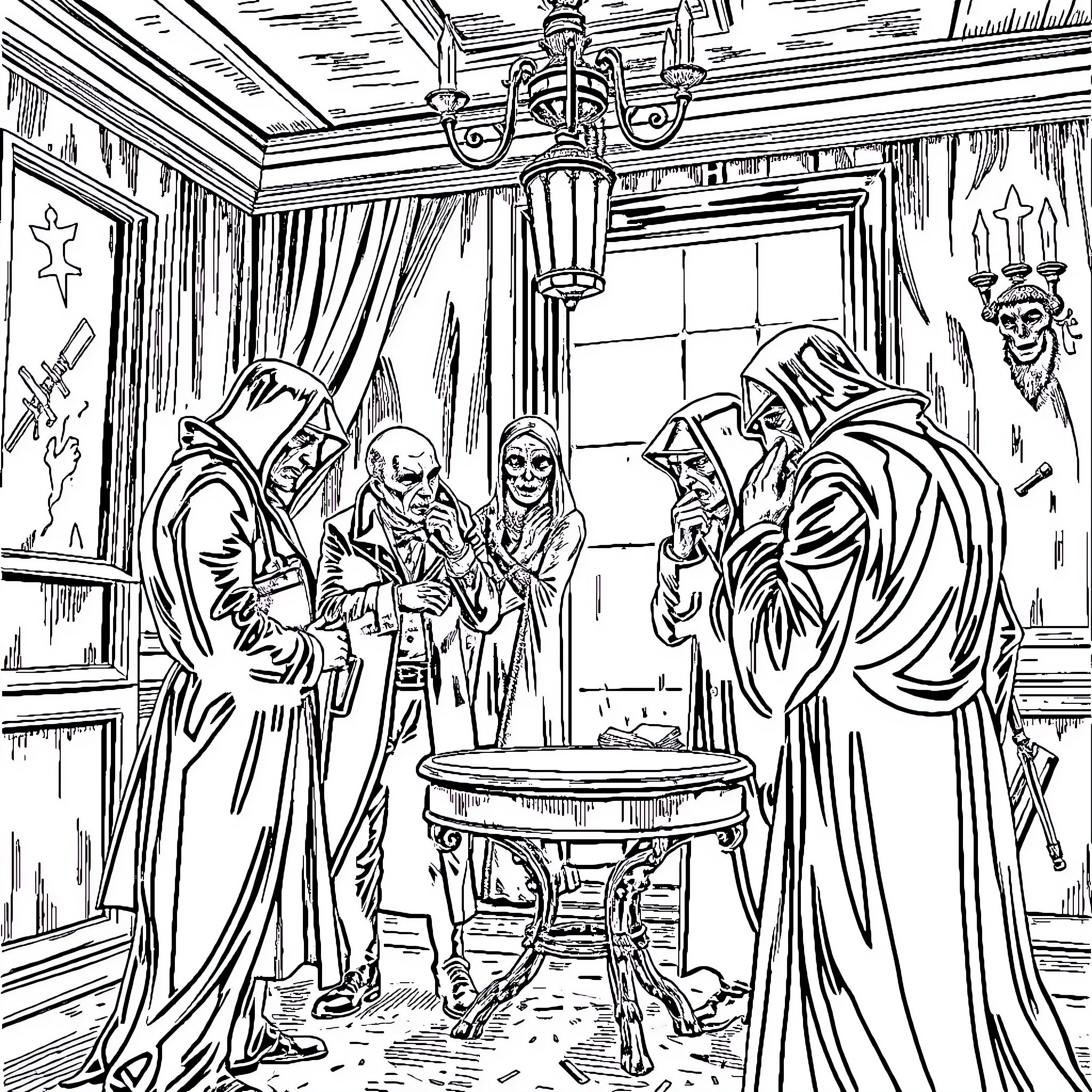 Traitor's Ritual in Shadowy Chamber Coloring Page (free black-and-white line drawing printable PDF for all, from beginners to advanced learners, including children, teens, adults, and seniors)