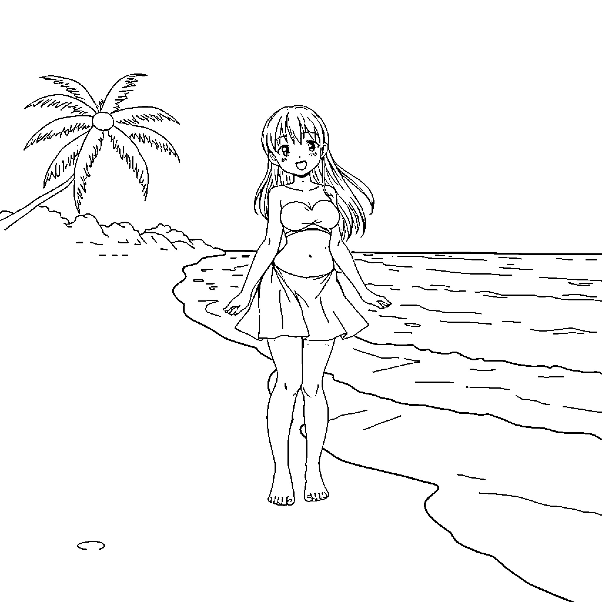 Hinata enjoying a day at the beach Coloring Page (free black-and-white line drawing printable PDF for all, from beginners to advanced learners, including children, teens, adults, and seniors)