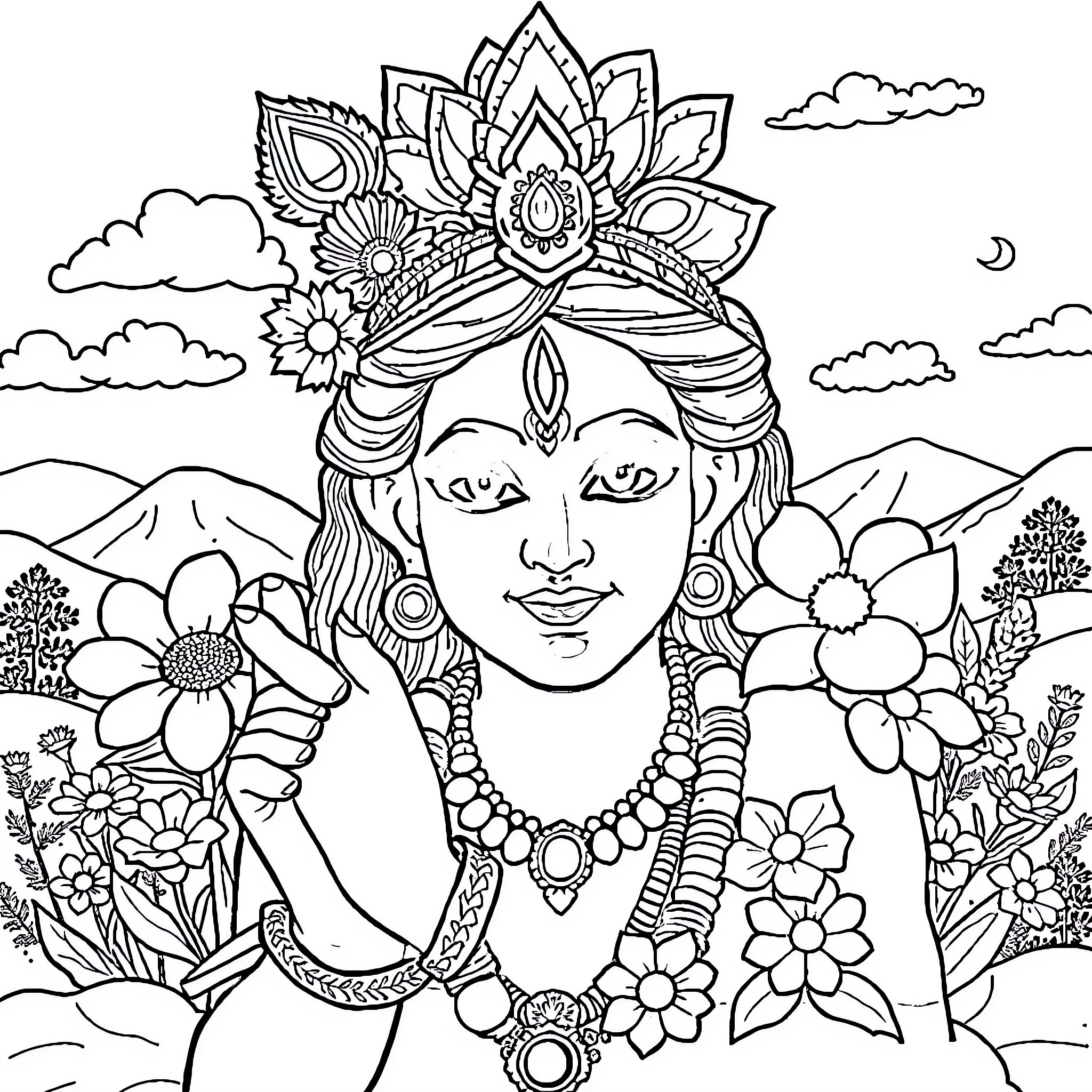 Krishna in serene floral landscape Coloring Page (free black-and-white line drawing printable PDF for all, from beginners to advanced learners, including children, teens, adults, and seniors)