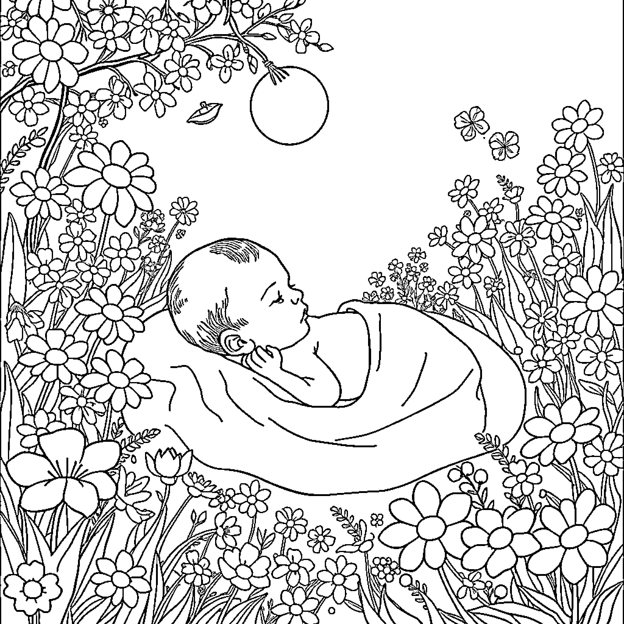 Baby sleeping peacefully in a floral garden Coloring Page (free black-and-white line drawing printable PDF for all, from beginners to advanced learners, including children, teens, adults, and seniors)
