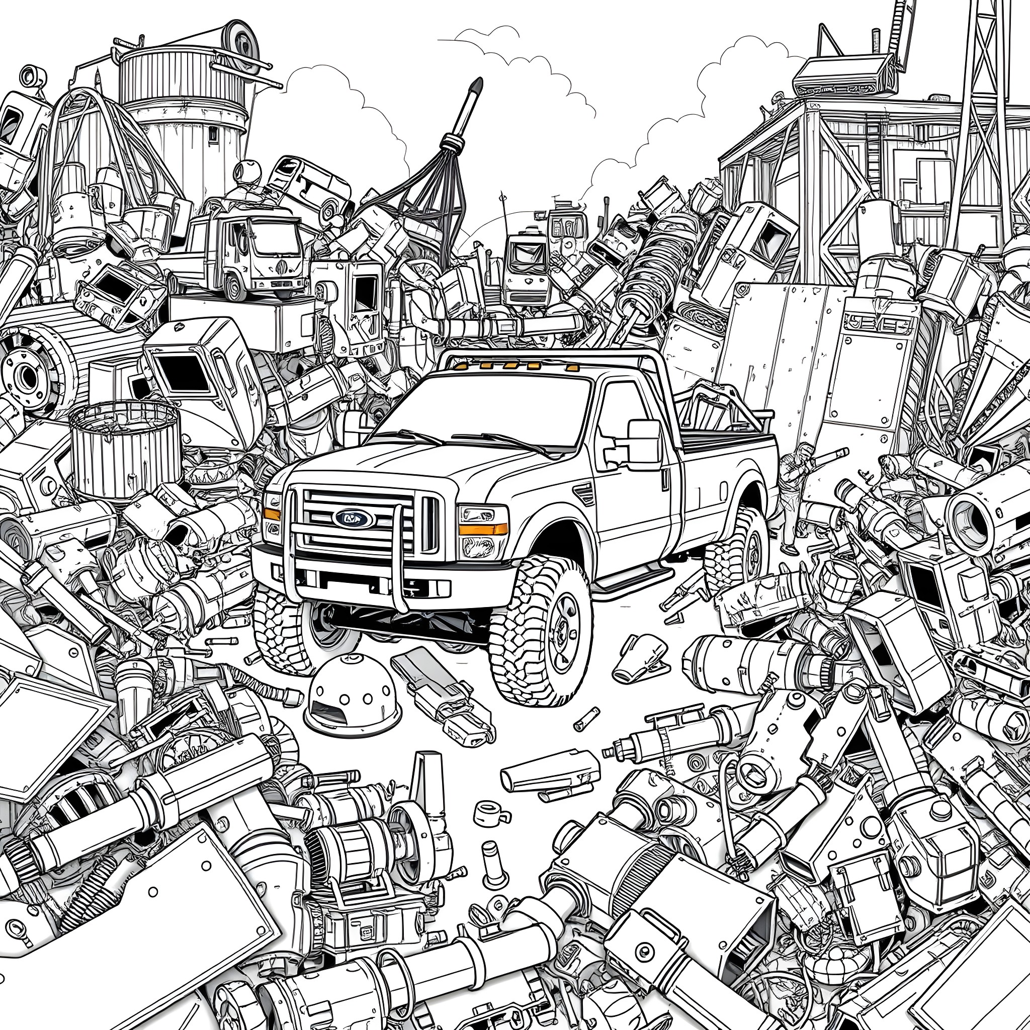Pick Up Truck Among Piled Scrap and Machinery Coloring Page (free black-and-white line drawing printable PDF for all, from beginners to advanced learners, including children, teens, adults, and seniors)