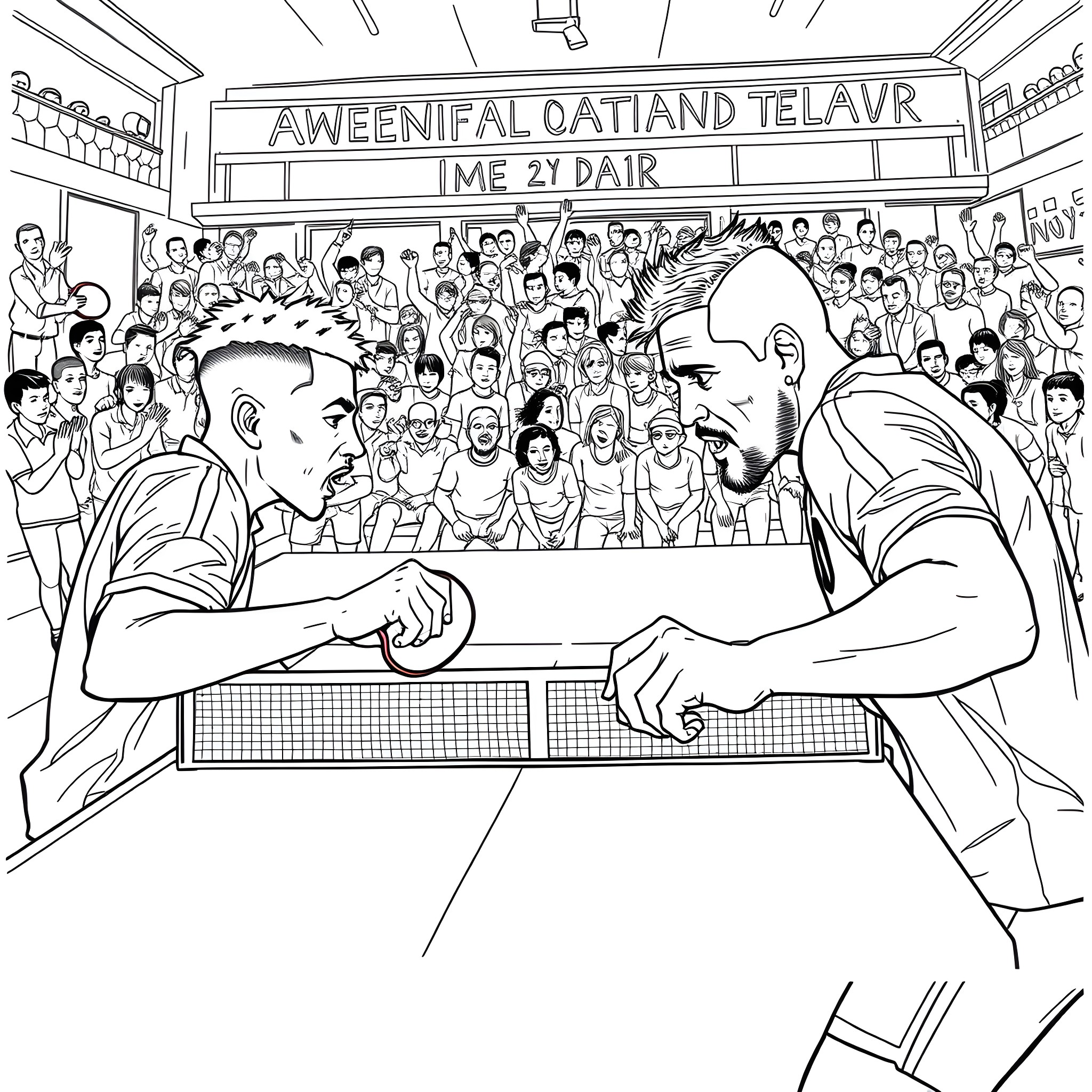 Osimhen's Intense Table Tennis Match in a Lively Crowd Coloring Page (free black-and-white line drawing printable PDF for all, from beginners to advanced learners, including children, teens, adults, and seniors)