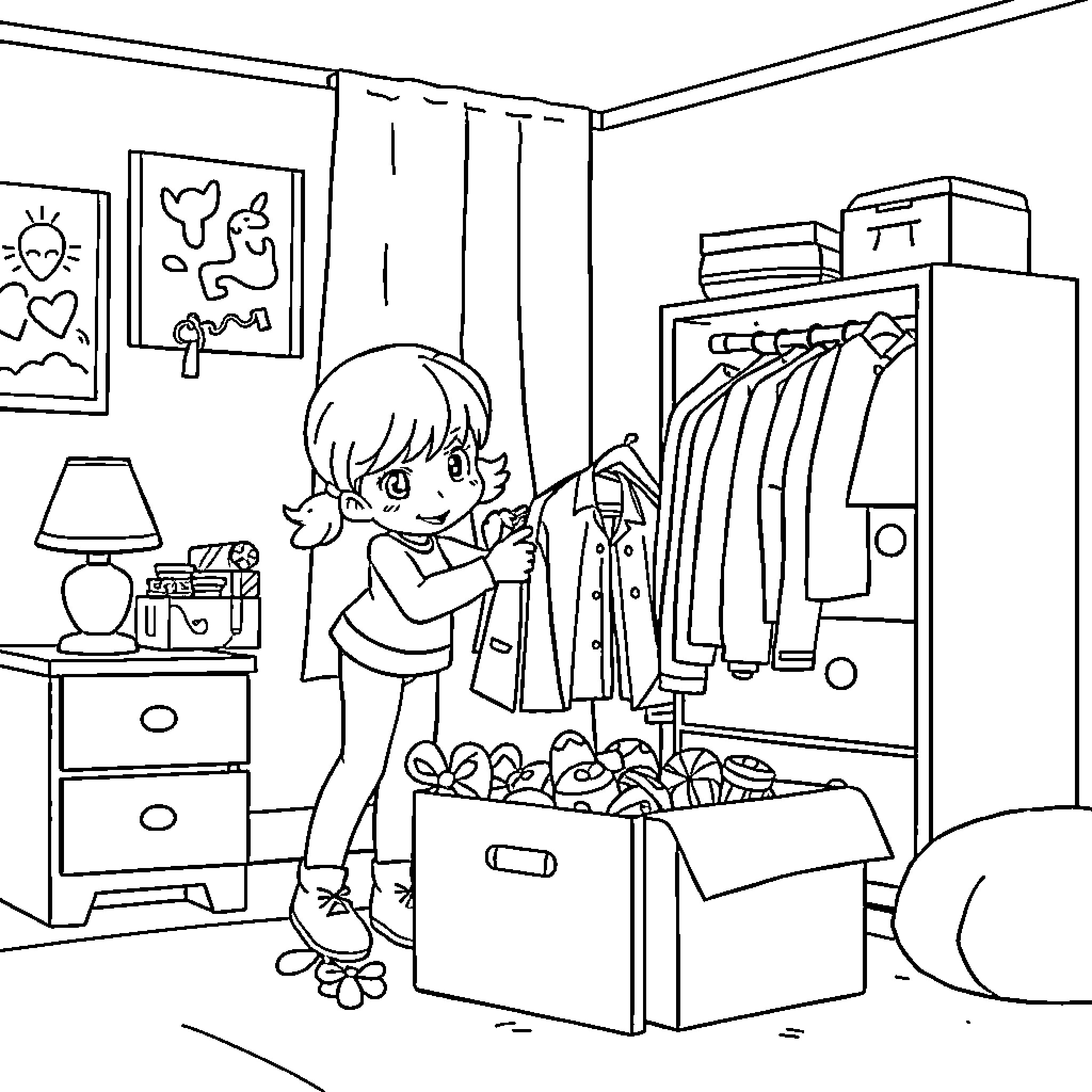 Bluey cleaning up and sorting clothes in her room Coloring Page (free black-and-white line drawing printable PDF for all, from beginners to advanced learners, including children, teens, adults, and seniors)