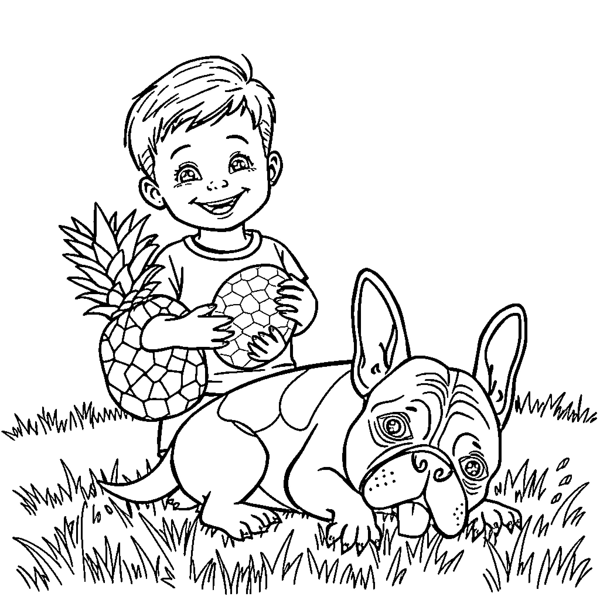 Boy plays with pet dog in grassy field Coloring Page (free black-and-white line drawing printable PDF for all, from beginners to advanced learners, including children, teens, adults, and seniors)