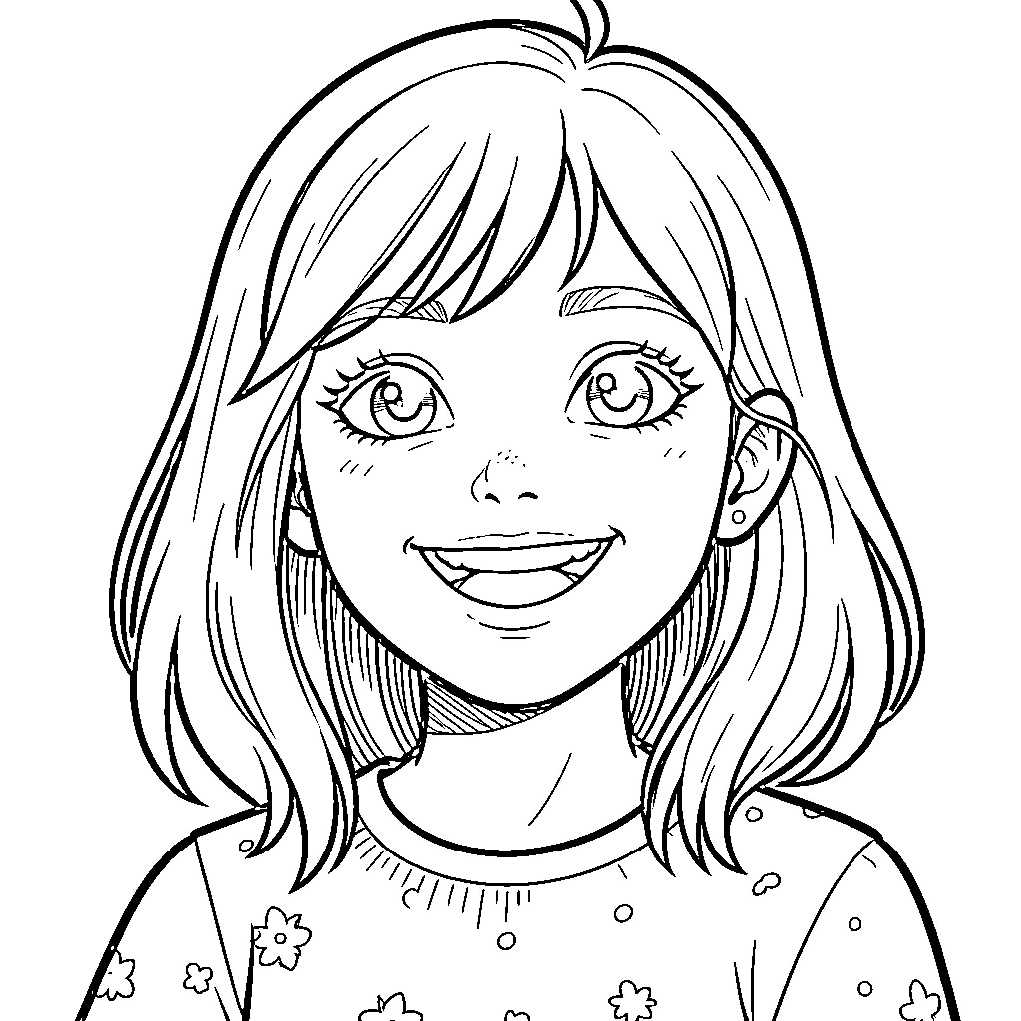 Girl with a cheerful expression and floral outfit Coloring Page (free black-and-white line drawing printable PDF for all, from beginners to advanced learners, including children, teens, adults, and seniors)