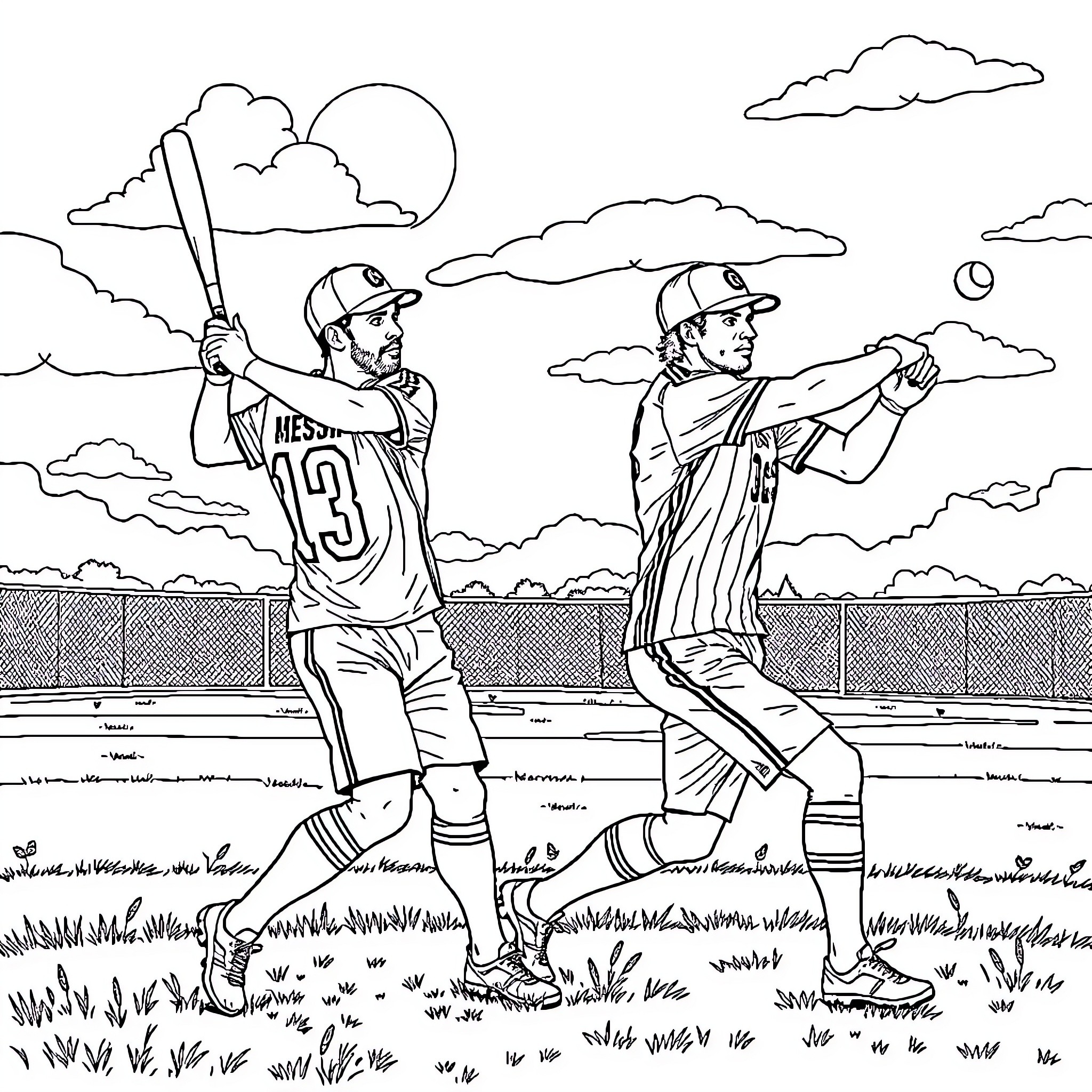 Messi and Ronaldo playing baseball on the field Coloring Page (free black-and-white line drawing printable PDF for all, from beginners to advanced learners, including children, teens, adults, and seniors)