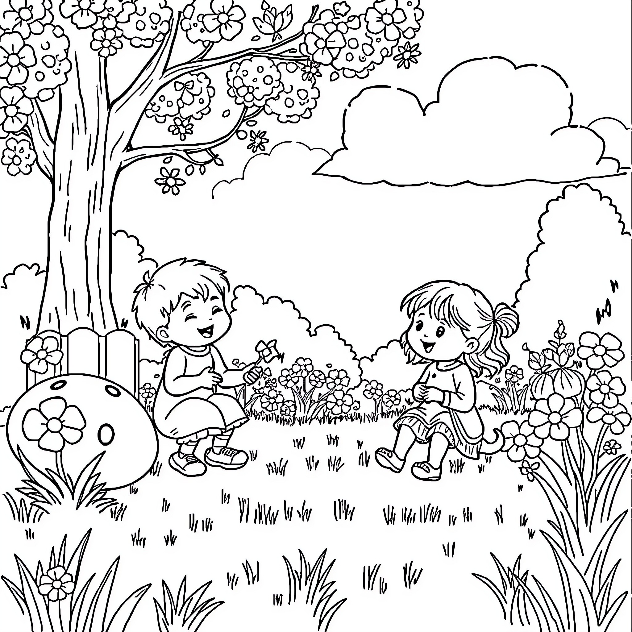 Speeltuin - Children playing happily in a floral garden Coloring Page (free black-and-white line drawing printable PDF for all, from beginners to advanced learners, including children, teens, adults, and seniors)