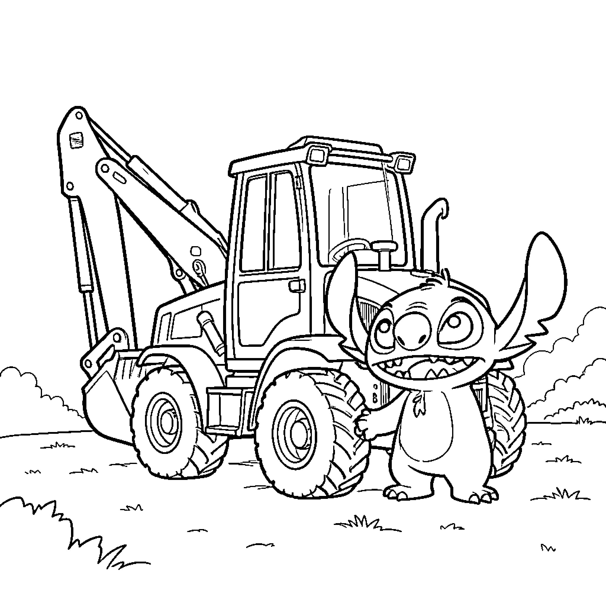 Tractor parked next to a smiling character Coloring Page (free black-and-white line drawing printable PDF for all, from beginners to advanced learners, including children, teens, adults, and seniors)
