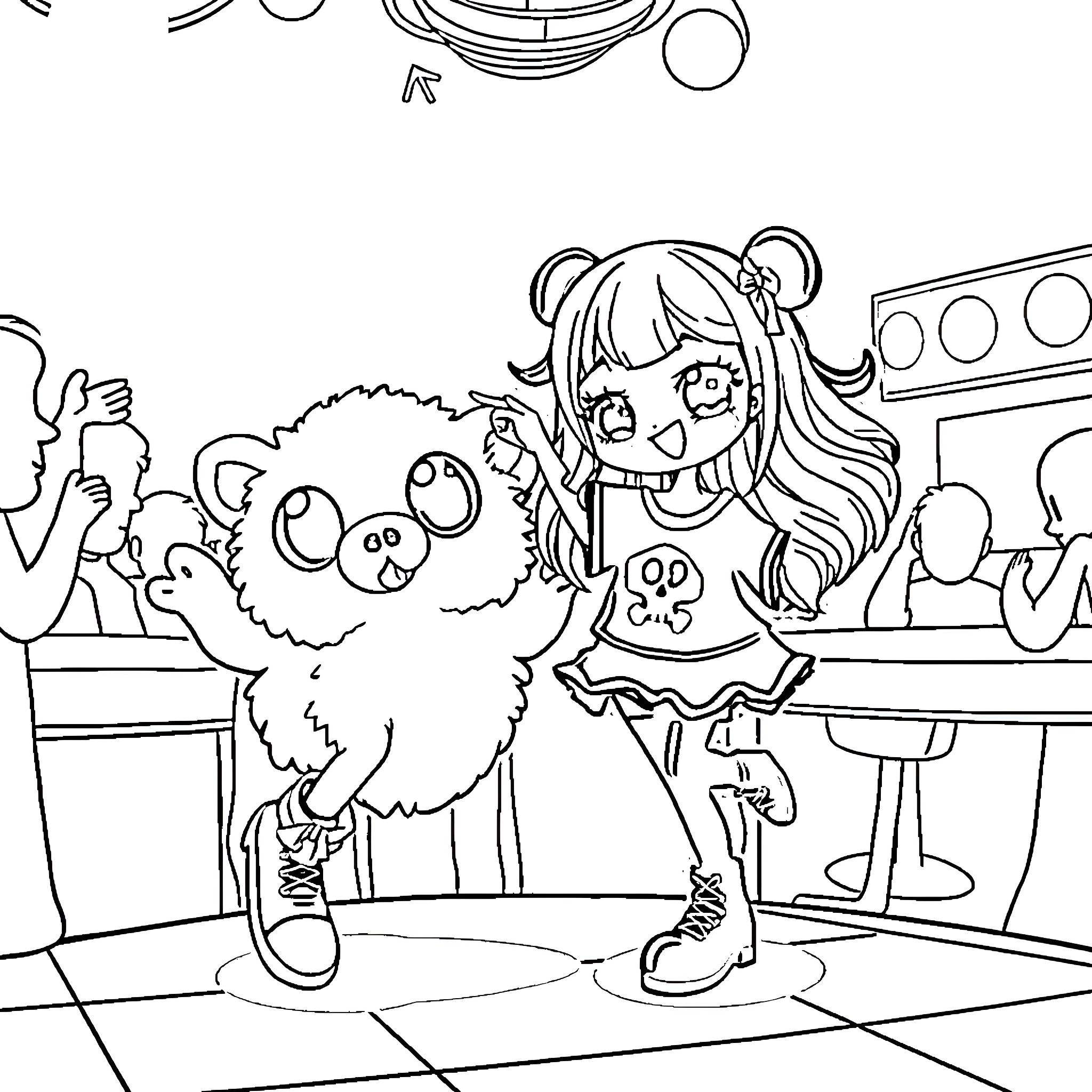 Kuromi's Playful Adventure with Fluffy Friends Coloring Page (free black-and-white line drawing printable PDF for all, from beginners to advanced learners, including children, teens, adults, and seniors)