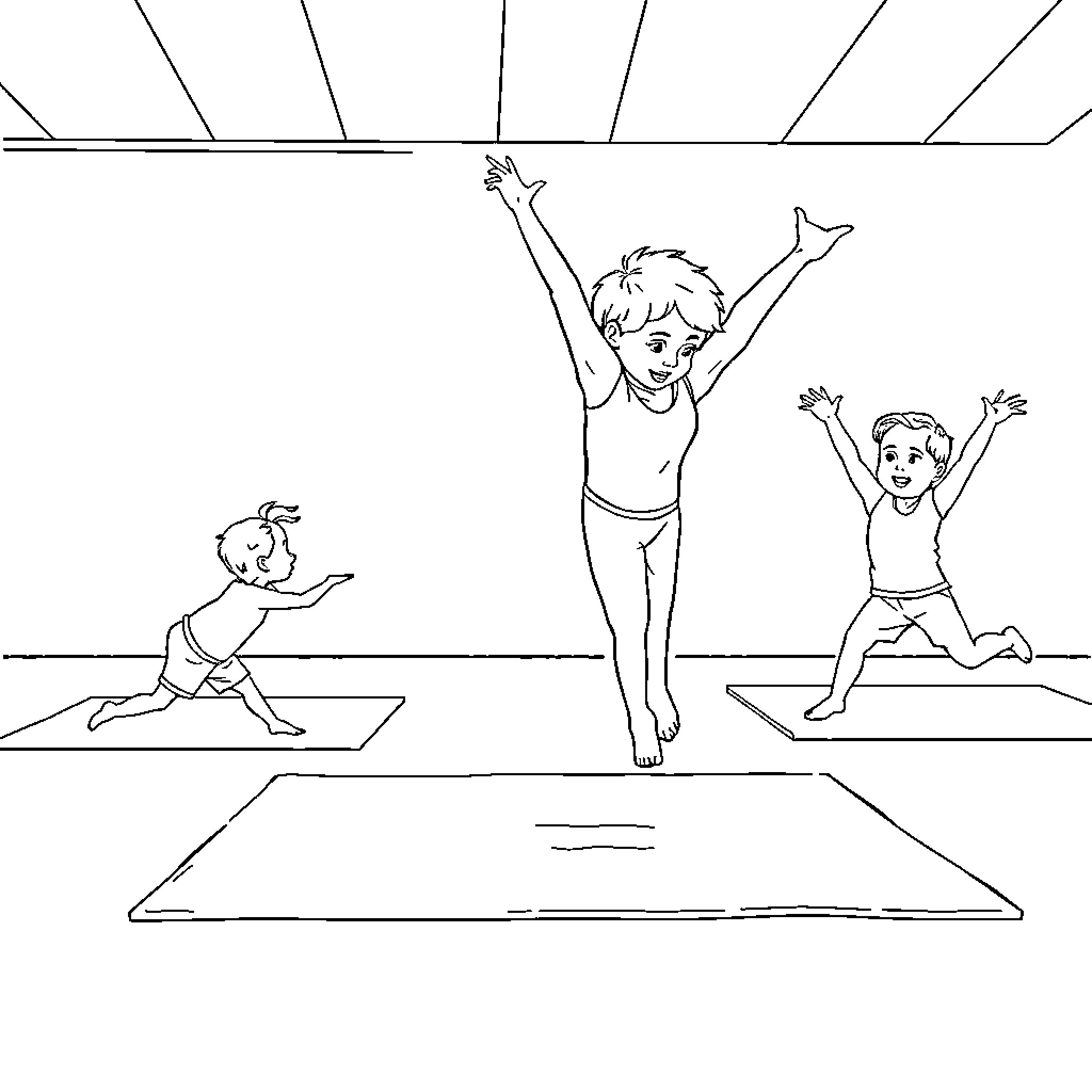 Gymnastics - Children Performing Exercises on Mats Coloring Page (free black-and-white line drawing printable PDF for all, from beginners to advanced learners, including children, teens, adults, and seniors)