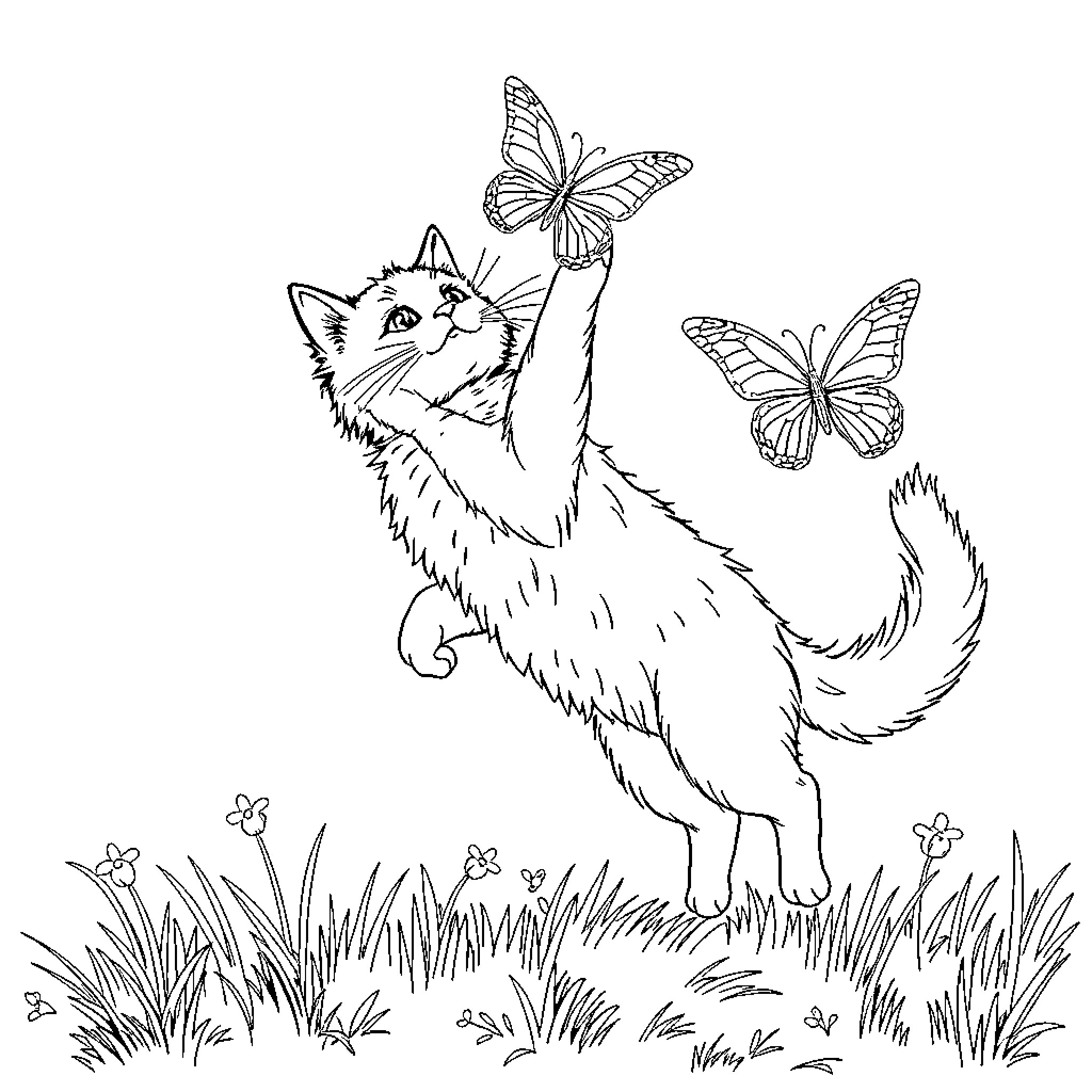 Cat chasing butterflies in the garden Coloring Page (free black-and-white line drawing printable PDF for all, from beginners to advanced learners, including children, teens, adults, and seniors)