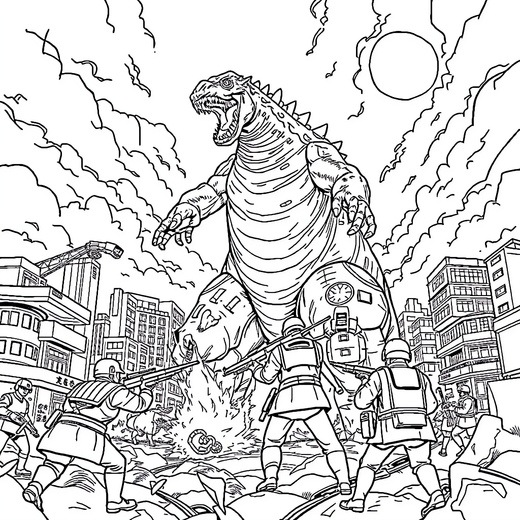 Kaiju monster rampaging through city streets with people fleeing Coloring Page (free black-and-white line drawing printable PDF for all, from beginners to advanced learners, including children, teens, adults, and seniors)