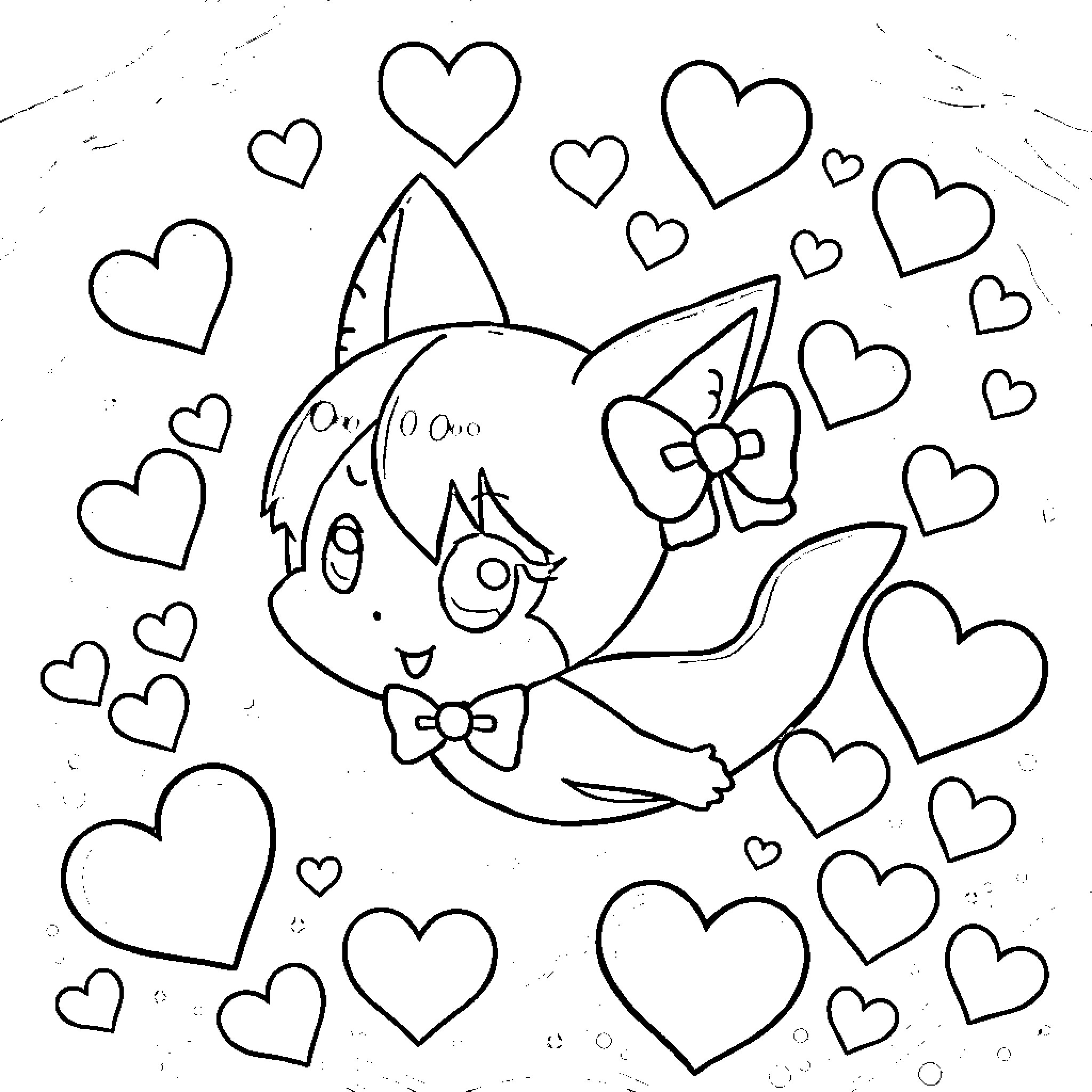 Kuromi surrounded by hearts and bows Coloring Page (free black-and-white line drawing printable PDF for all, from beginners to advanced learners, including children, teens, adults, and seniors)